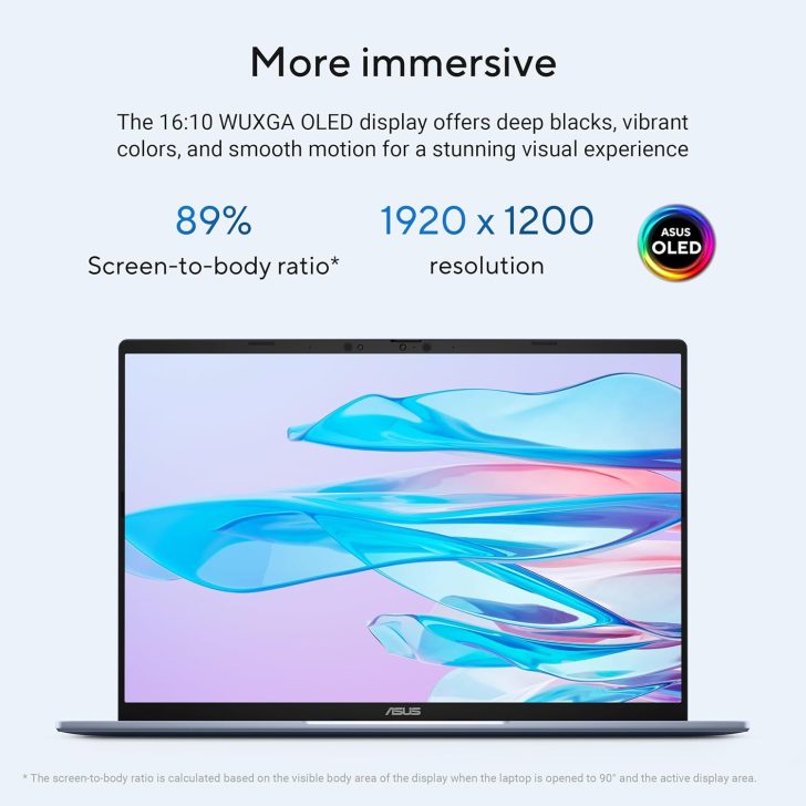 An ASUS laptop with an OLED display showcases a '1920 x 1200 resolution' and '89% screen-to-body ratio,' emphasizing a more immersive experience.