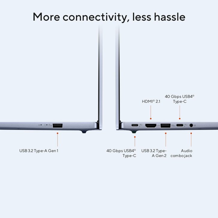 A side-by-side comparison of two laptops shows connectivity options including 'USB 3.2 Type-A Gen 1', '40 Gbps USB4® Type-C', 'HDMI® 2.1', 'USB 3.2 Type-A Gen 2', and an 'Audio combo jack' under the text 'More connectivity, less hassle'.