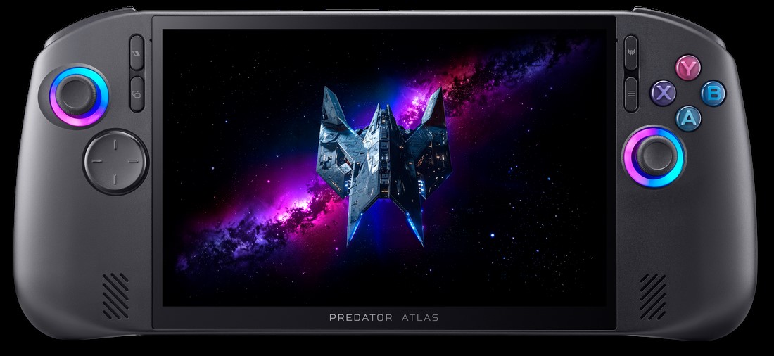 An Acer Predator Atlas handheld console displays a spaceship in a colorful galaxy setting on its screen.