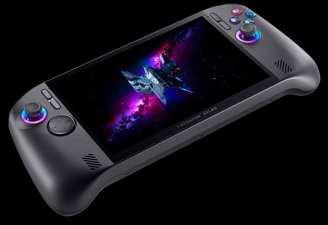 The Acer Predator Atlas handheld gaming console displays a spaceship on its screen.