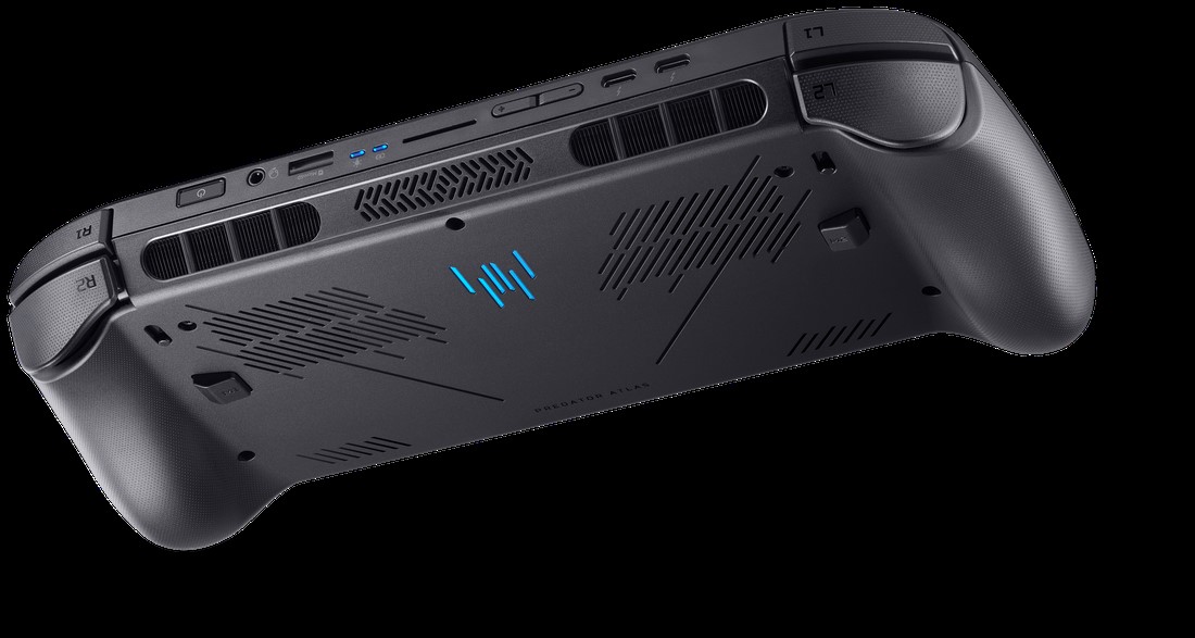 The underside of an Acer Predator handheld gaming device with visible air vents, control buttons labeled 'R1' and 'L1', and the text 'Predator Atlas'.
