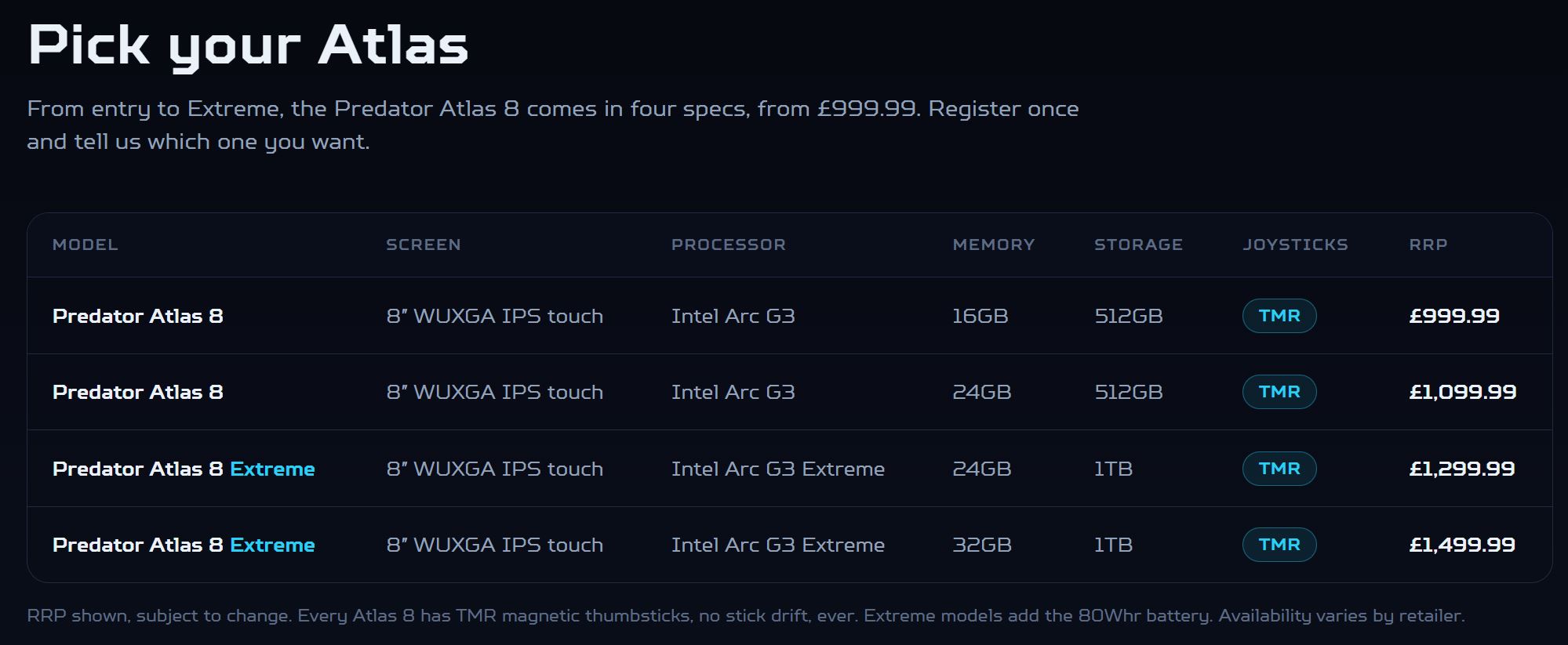 A product comparison table for the Predator Atlas 8 series shows four models with 8 WUXGA IPS touch screens, Intel Arc G3 processors, varying memory and storage capacities from 16GB/512GB to 32GB/1TB, and prices ranging from £999.99 to £1,499.99.
