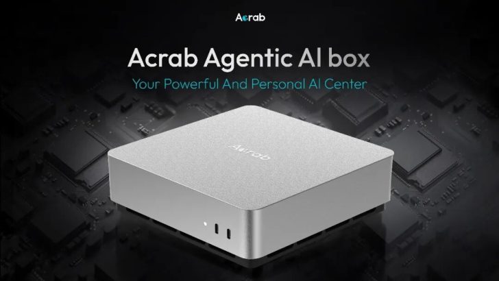 The image shows an Acrab Agentic AI Box labeled as 'Your Powerful And Personal AI Center' on a background featuring circuit patterns.