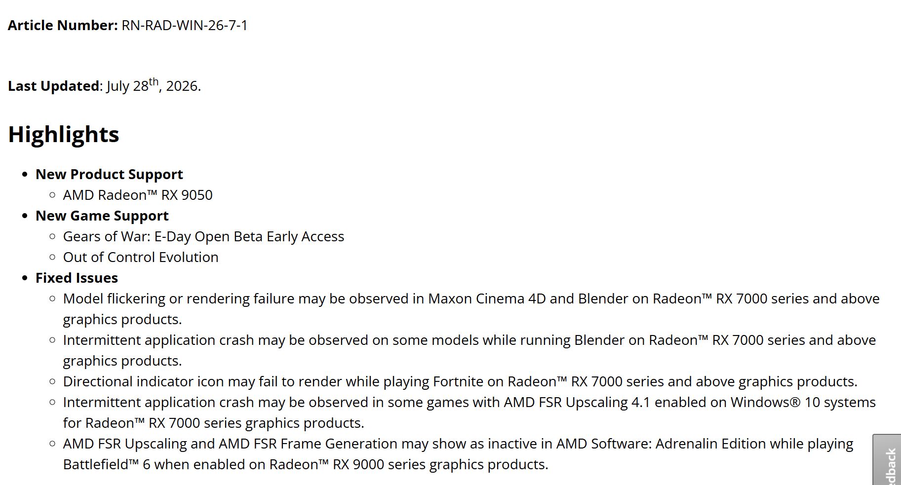 The image shows a list of highlights from a software update document for AMD Radeon, including 'New Product Support' for the AMD Radeon RX 9050, 'New Game Support' for 'Gears of War: E-Day Open Beta Early Access' and 'Out of Control Evolution,' and details resolving issues related to Radeon RX 7000 and RX 9000 series graphics products.