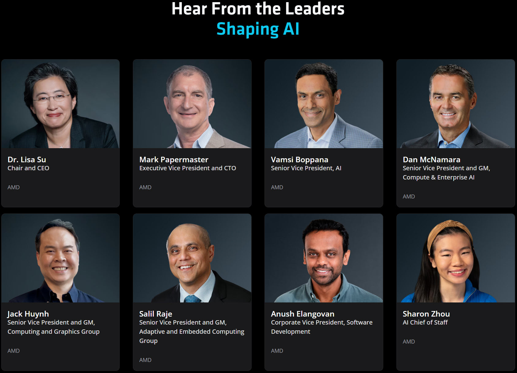 The image displays eight AMD executives and leaders, including Dr. Lisa Su as Chair and CEO, under the heading 'Hear From the Leaders Shaping AI.'
