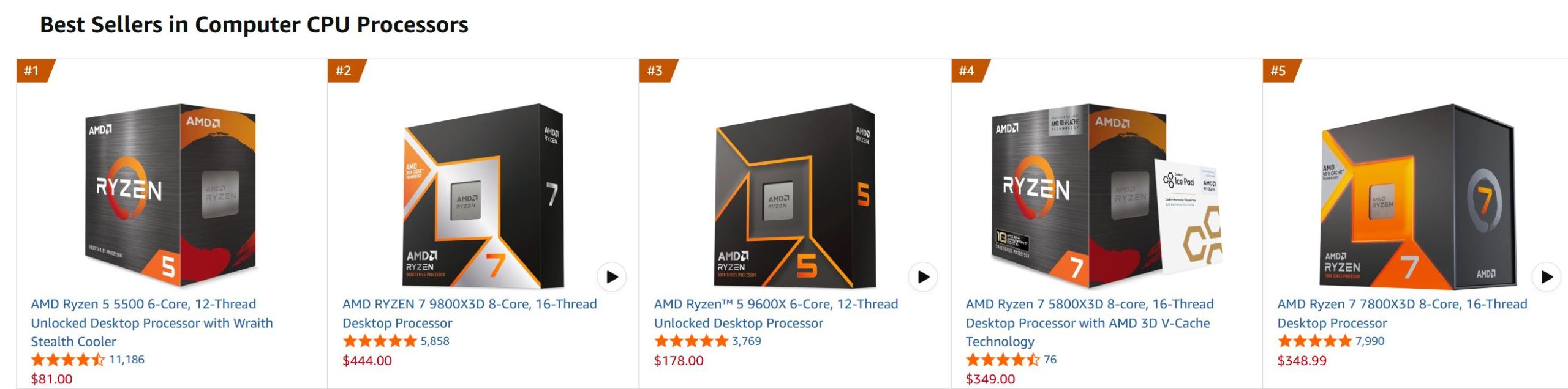 A top five list of best-selling computer CPU processors features the AMD Ryzen 5 5500, Ryzen 7 9800X3D, Ryzen 7 5800X3D, and Ryzen 7 7800X3D, with prices and user ratings visible.