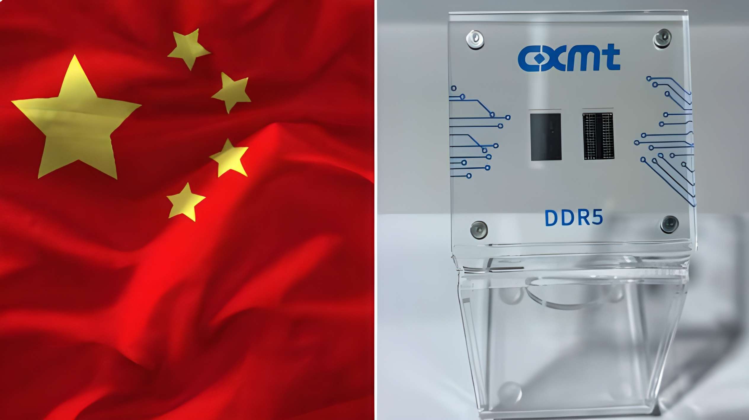 The image shows the national flag of China on the left and a CXMT DDR5 memory module on display with clear casing on the right.