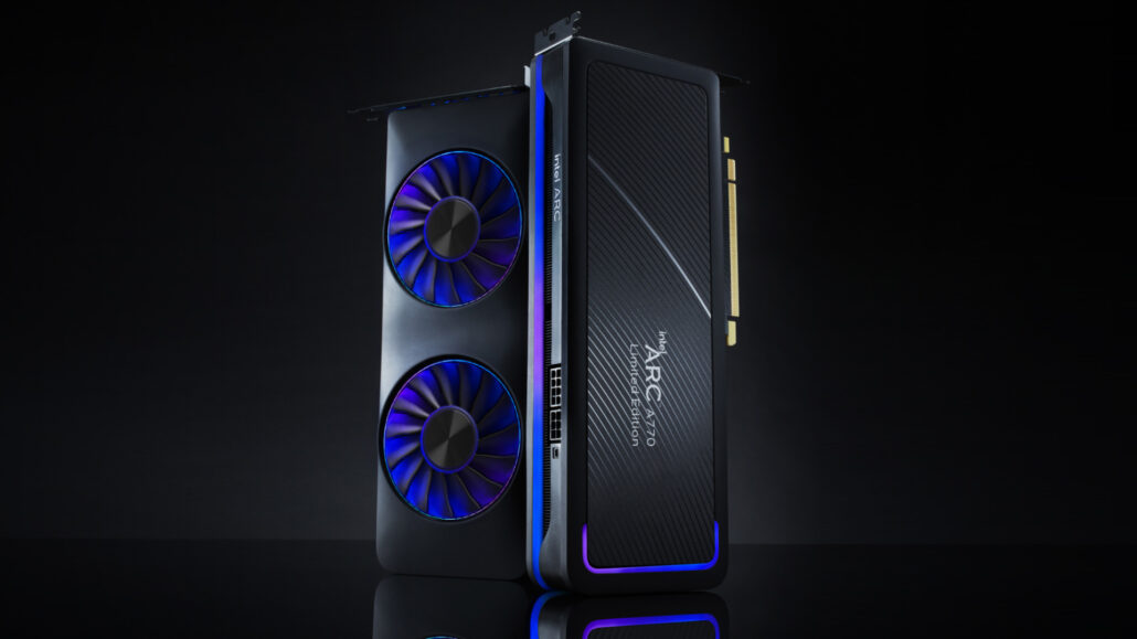 The image shows the Intel Arc A770 Limited Edition graphics card with dual cooling fans and an illuminated trim.
