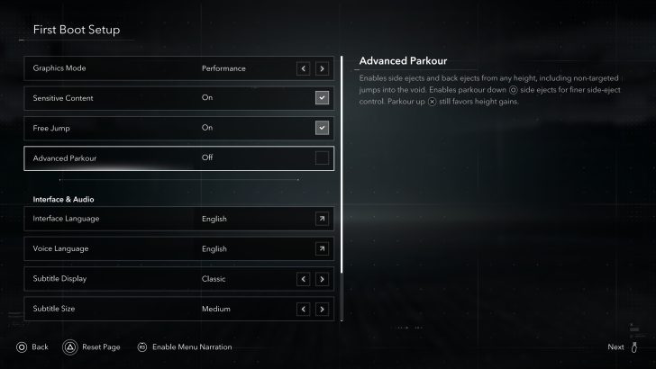 A screen displaying the 'First Boot Setup' menu with options including 'Graphics Mode: Performance,' 'Sensitive Content: On,' 'Free Jump: On,' and 'Advanced Parkour: Off,' along with interface and audio settings.