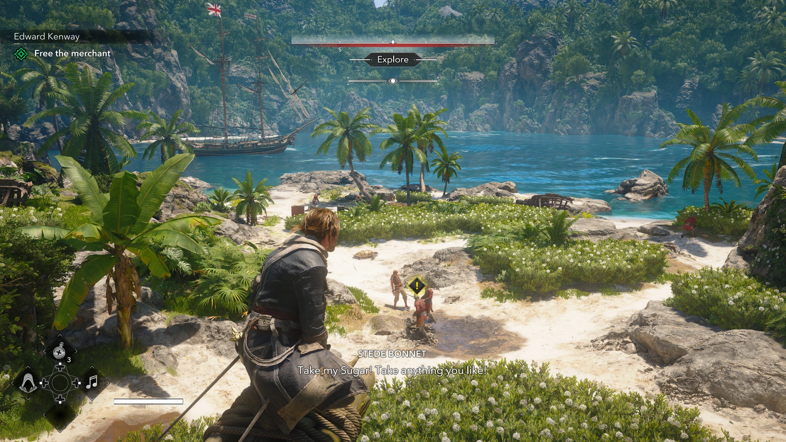 A character in Assassin's Creed IV: Black Flag with the task 'Free the merchant' confronts enemies on a tropical island, as on-screen text reads, STEDE BONNET: Take my Sugar! Take anything you like!