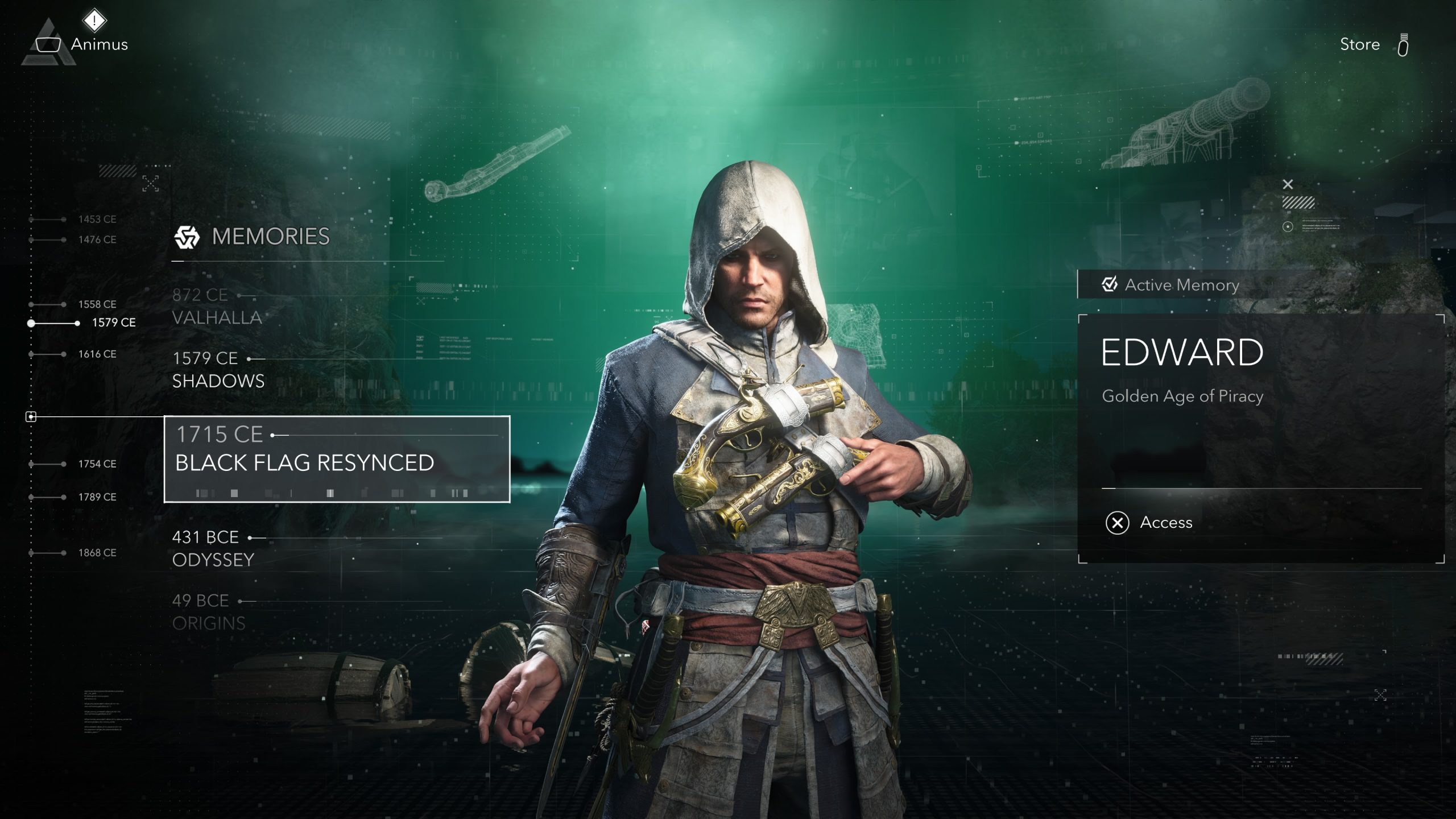 A character from 'Assassin's Creed: Black Flag Resynced' is highlighted as Edward with the option to 'Access' under Golden Age of Piracy.