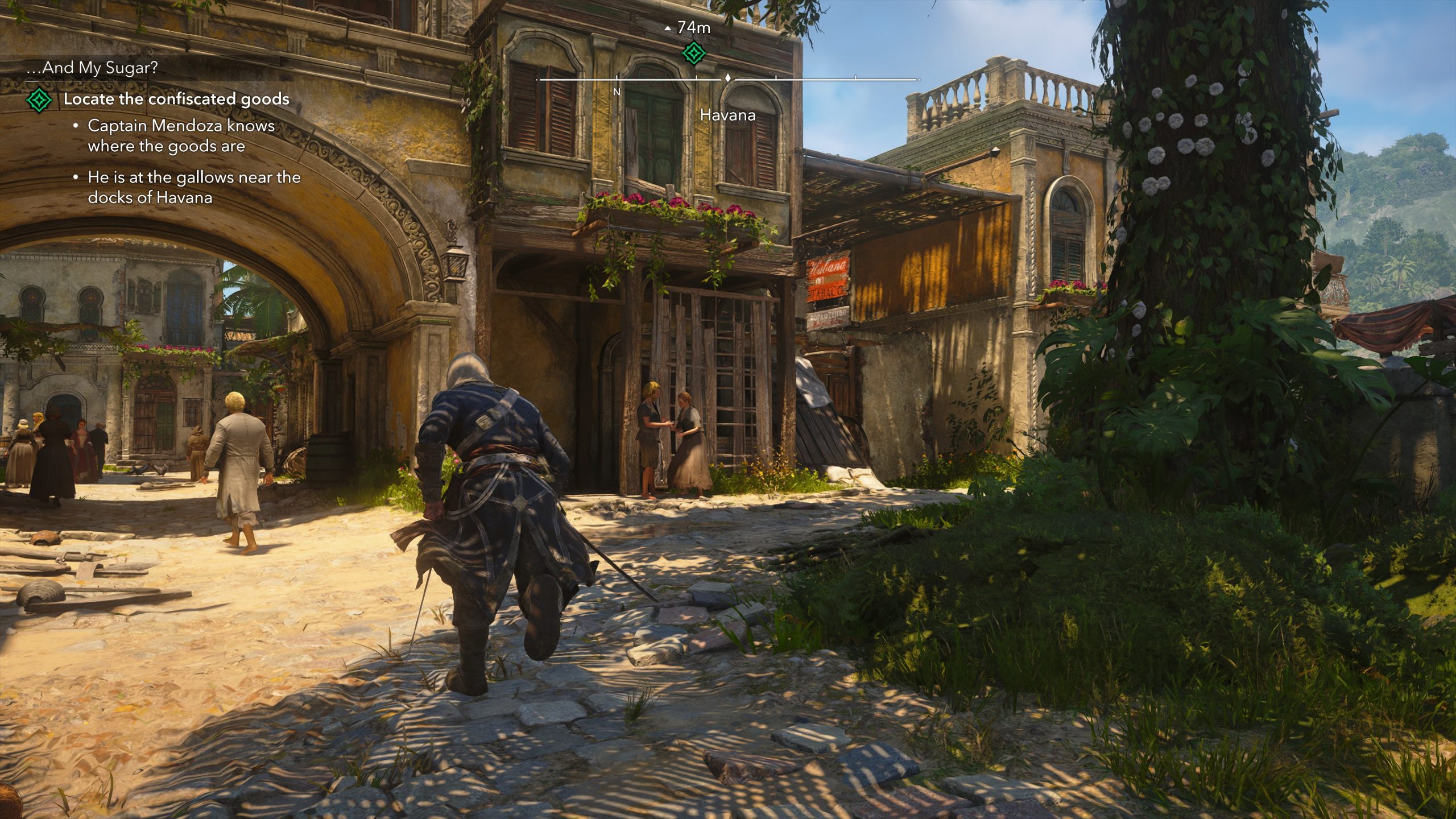 A character in 'Assassin's Creed IV: Black Flag' stealthily approaches a crowd in Havana with the mission objective 'Locate the confiscated goods' displayed.