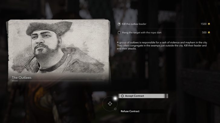 A bounty contract screen in a game titled 'The Outlaws' shows a sketch of a bearded man wearing a hat, with objectives to 'Kill the outlaw leader' for 1500 coins and 'Hang the target with the rope dart' for 500 coins, alongside acceptance options.