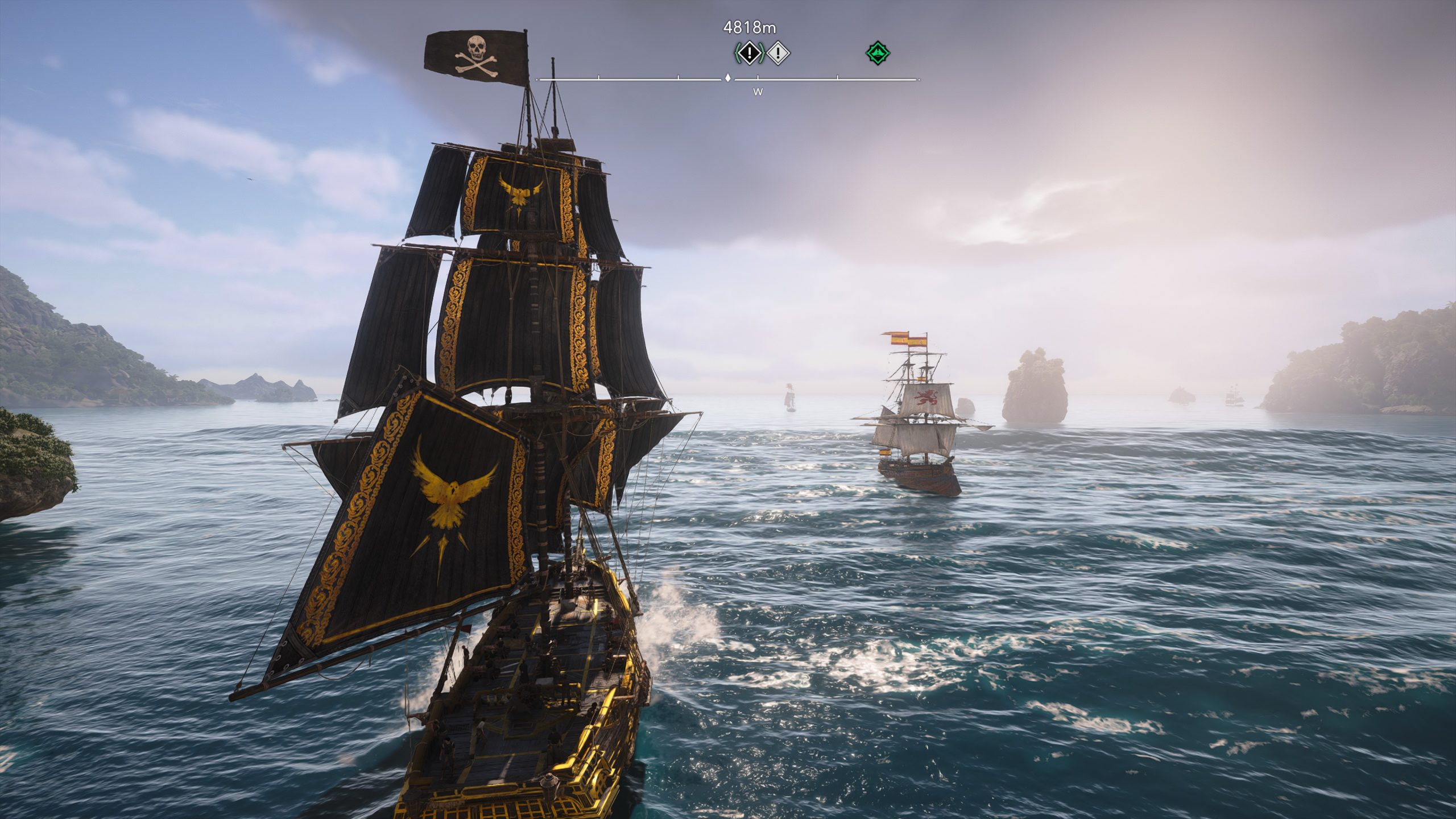 A pirate ship with black sails, displaying a skull and crossbones flag, navigates the ocean in the game Assassin's Creed Black Flag Resynced, with a distance measure reading '4818m' on the screen.