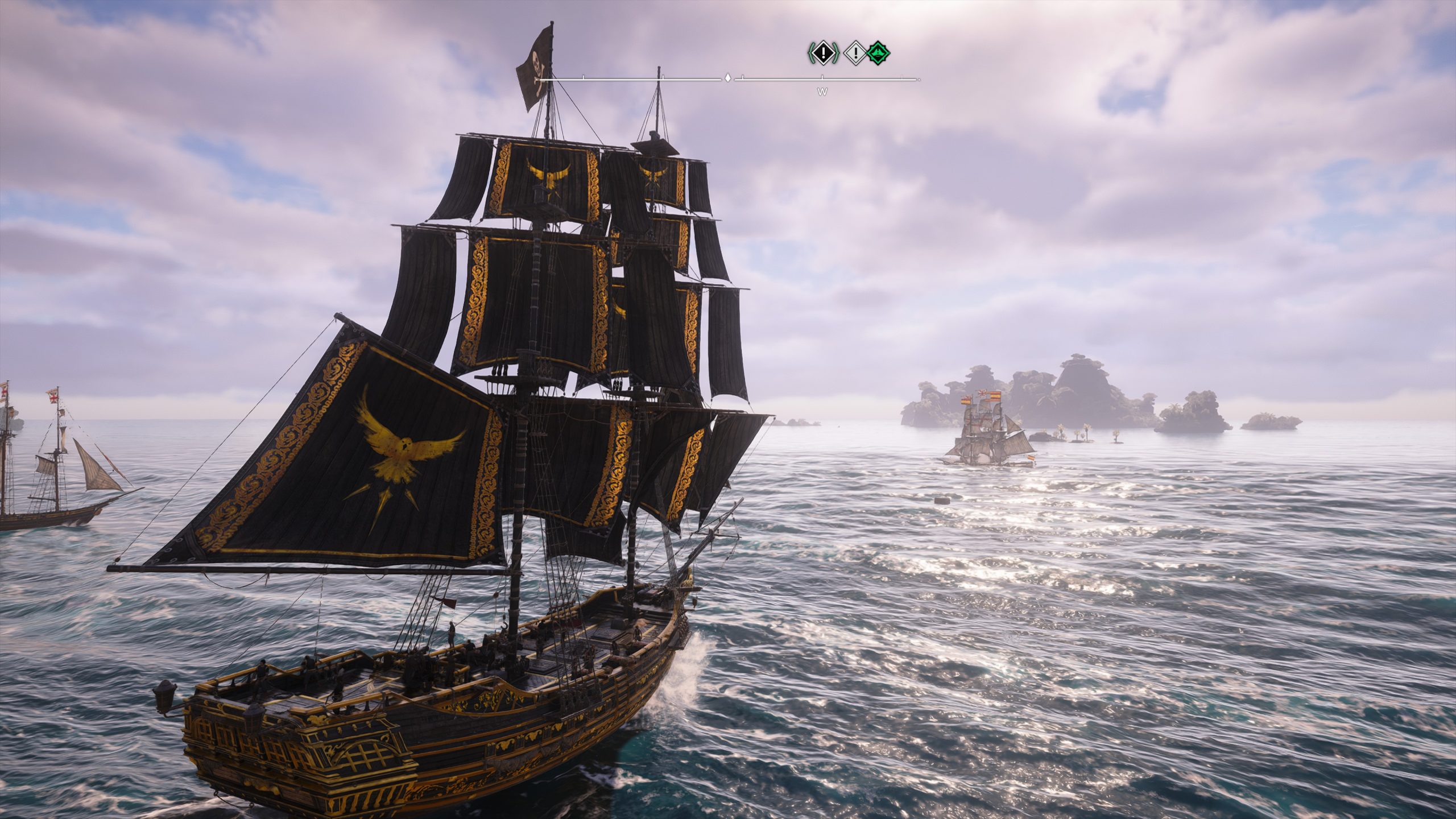 A pirate ship adorned with a golden eagle emblem sails in the game Skull and Bones near an island.