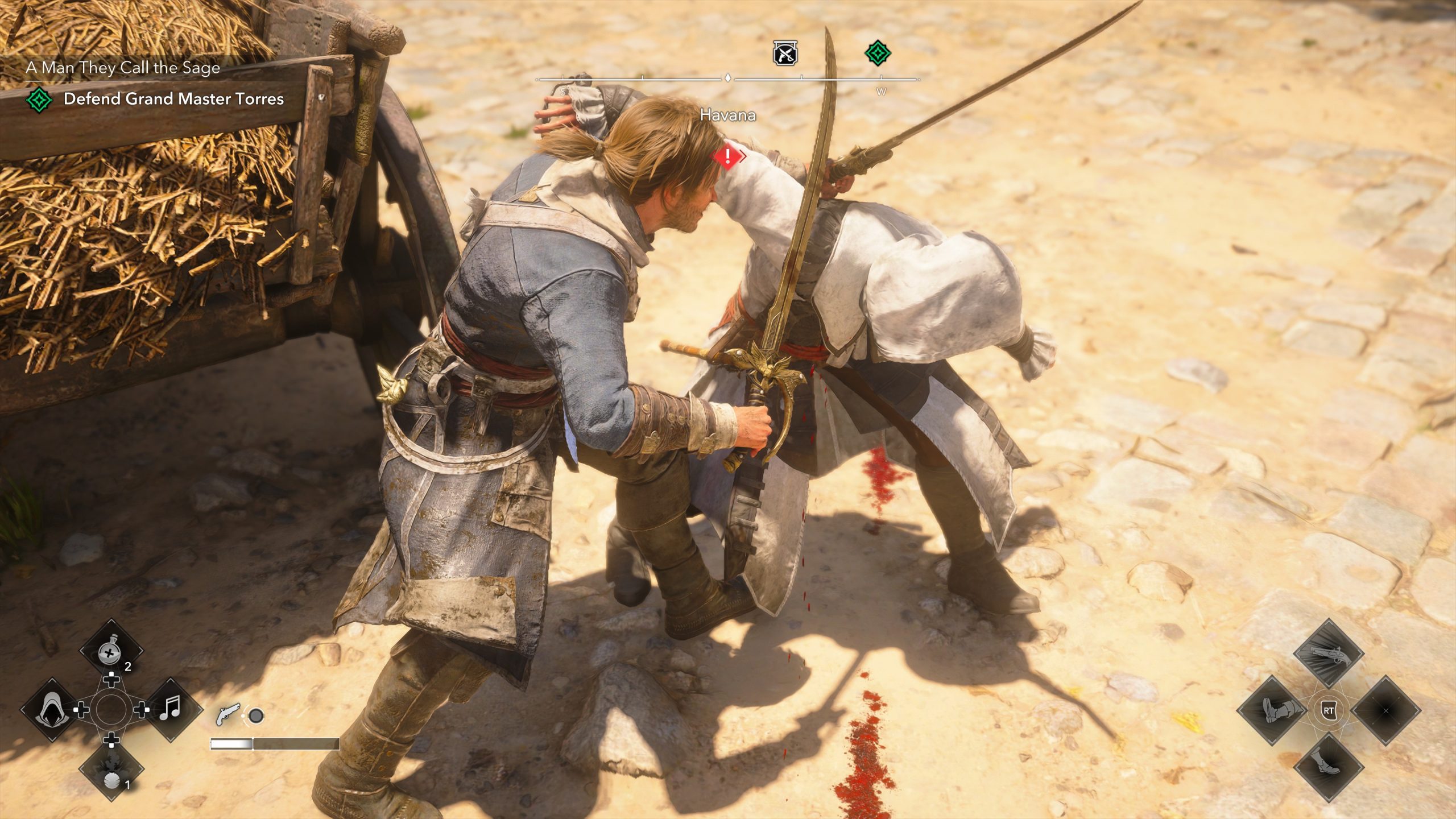A character in the game Assassin's Creed Mirage engages in combat with an enemy in a sandy courtyard, with on-screen text reading 'Defend Grand Master Torres.'