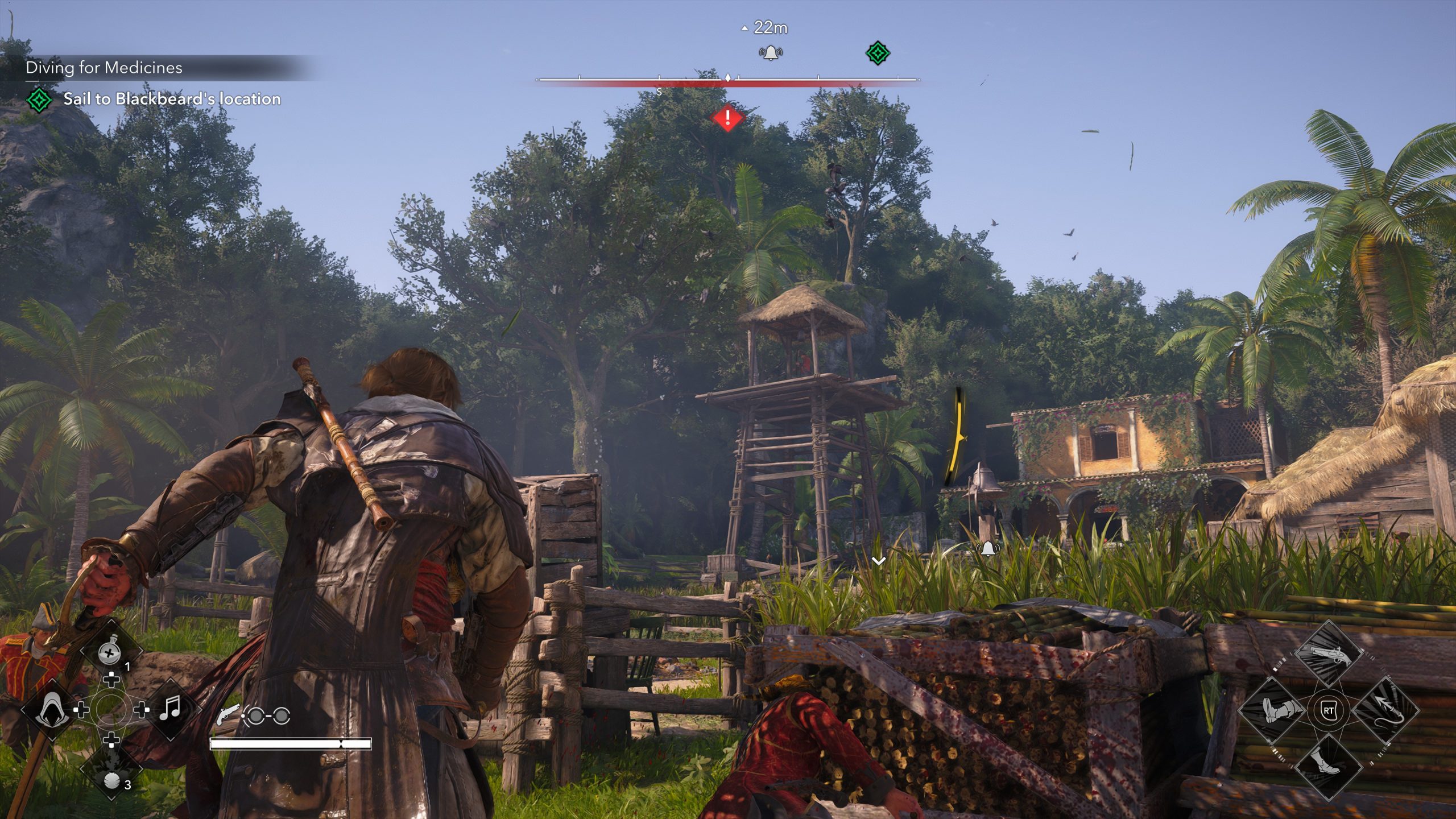 A character in Assassin's Creed stealthily approaching a wooden tower in a lush jungle setting, with the on-screen objective 'Sail to Blackbeard's location' visible.