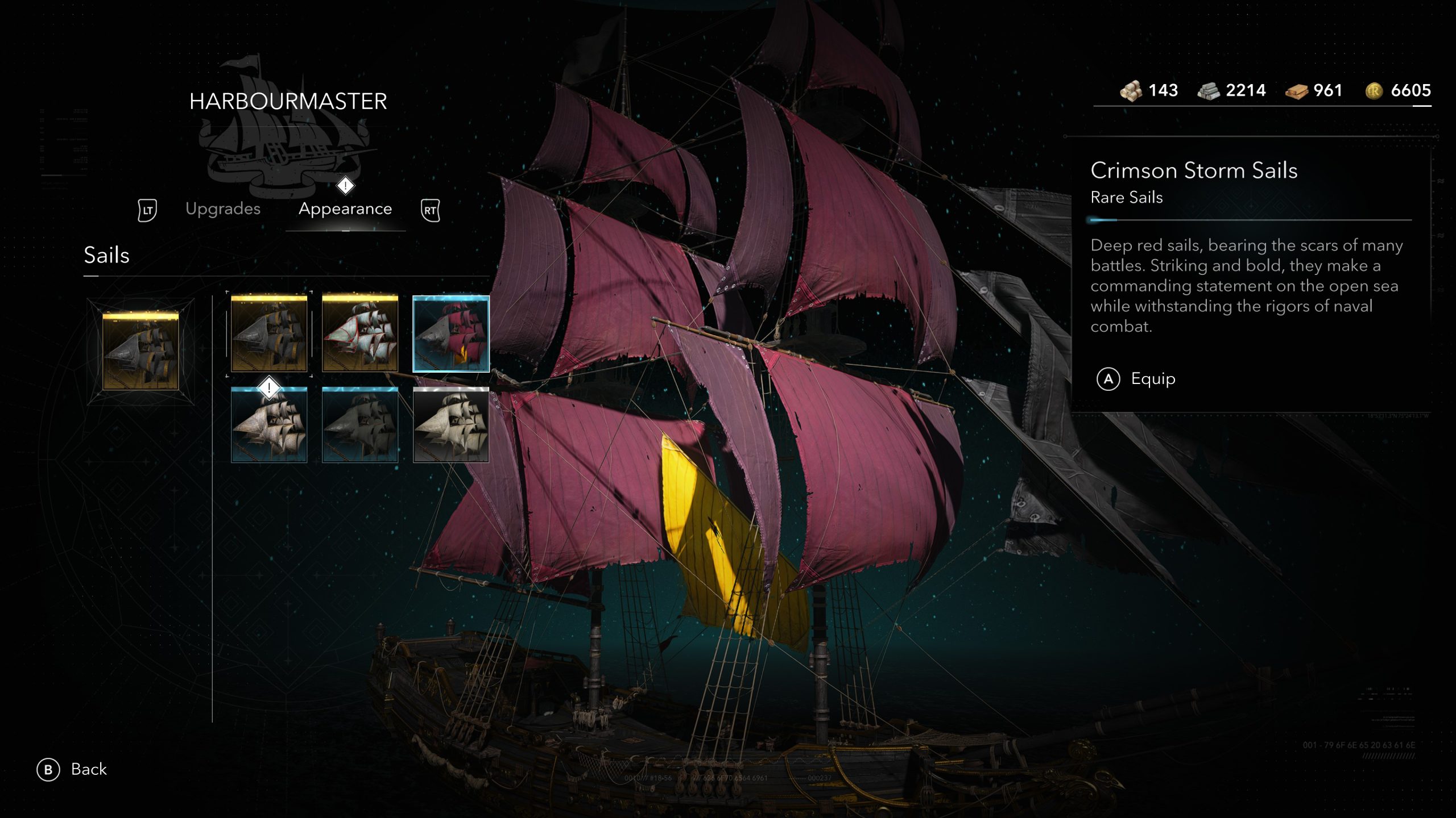 The image shows a video game menu from the Harbourmaster interface selecting 'Crimson Storm Sails,' with visuals of deep red sails, and options like Equipped denoting these rare sails in a ship customization screen.