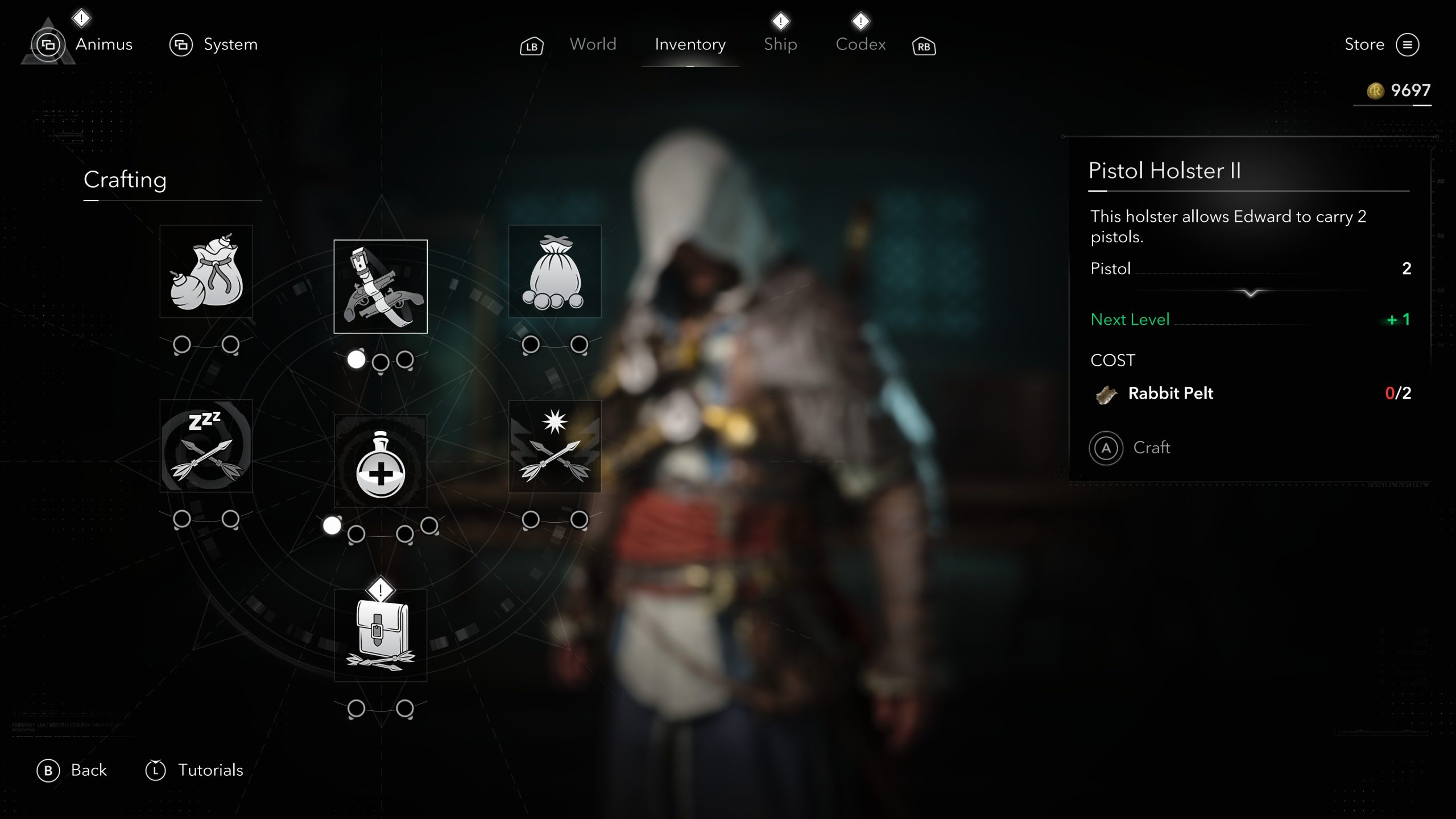 The game interface for 'Assassin's Creed Black Flag' displays the 'Crafting' menu, highlighting 'Pistol Holster II' with a requirement of 2 rabbit pelts.
