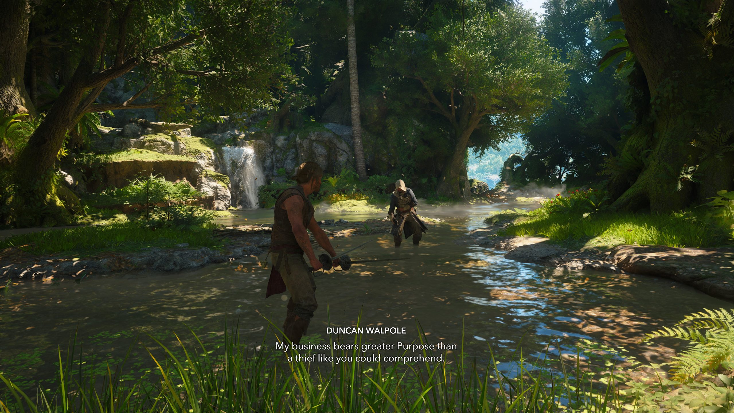 A character in 'Assassin's Creed IV: Black Flag' confronts another in a lush forest setting, with on-screen text reading 'Duncan Walpole: My business bears greater Purpose than a thief like you could comprehend.'