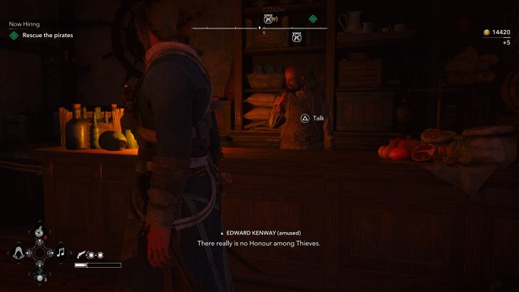 A scene from the game 'Assassin's Creed IV: Black Flag' shows Edward Kenway in a dimly lit tavern, conversing with a barkeeper, with the objective 'Rescue the pirates' visible.