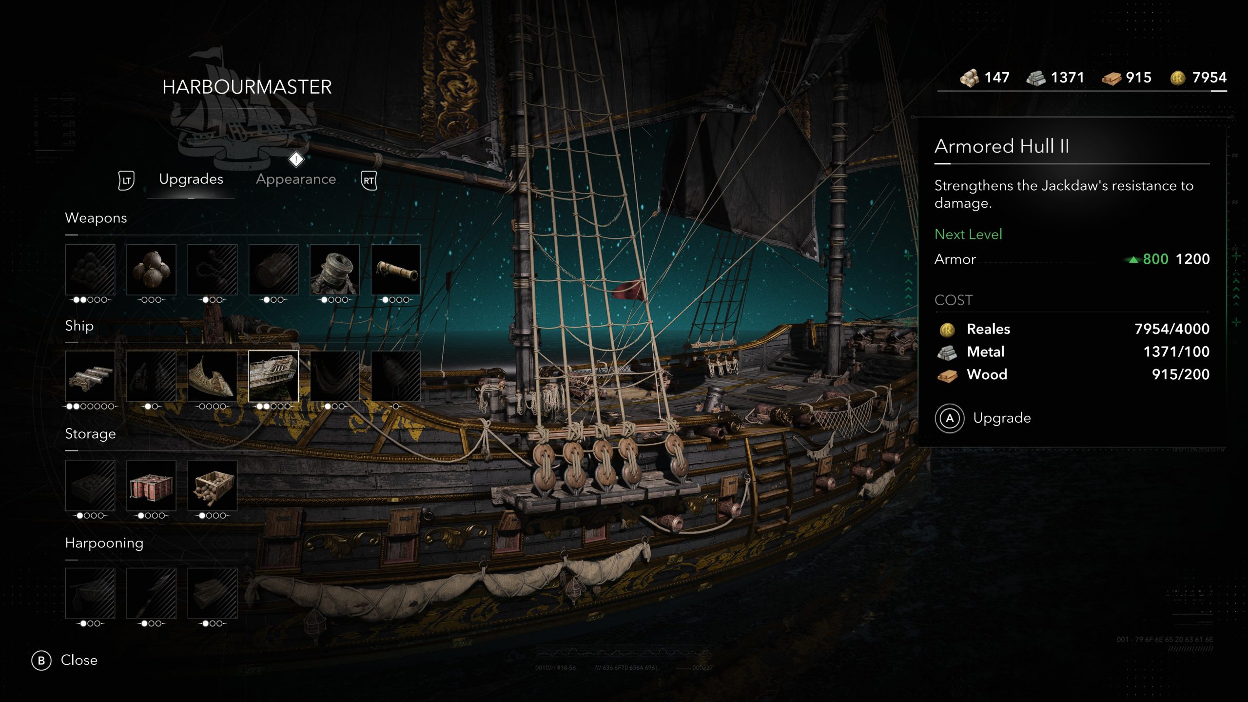 The game 'Assassin's Creed Black Flag Resynced' shows the Harbormaster menu with ship upgrade options and an 'Armored Hull II' enhancement.