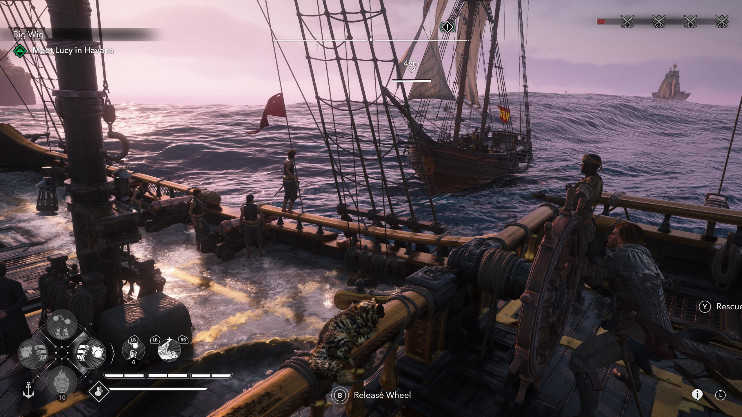 A character in the game Assassin's Creed Black Flag Resynced is steering a ship at sea with a task to 'Meet Lucy in Havana,' while another ship sails nearby.