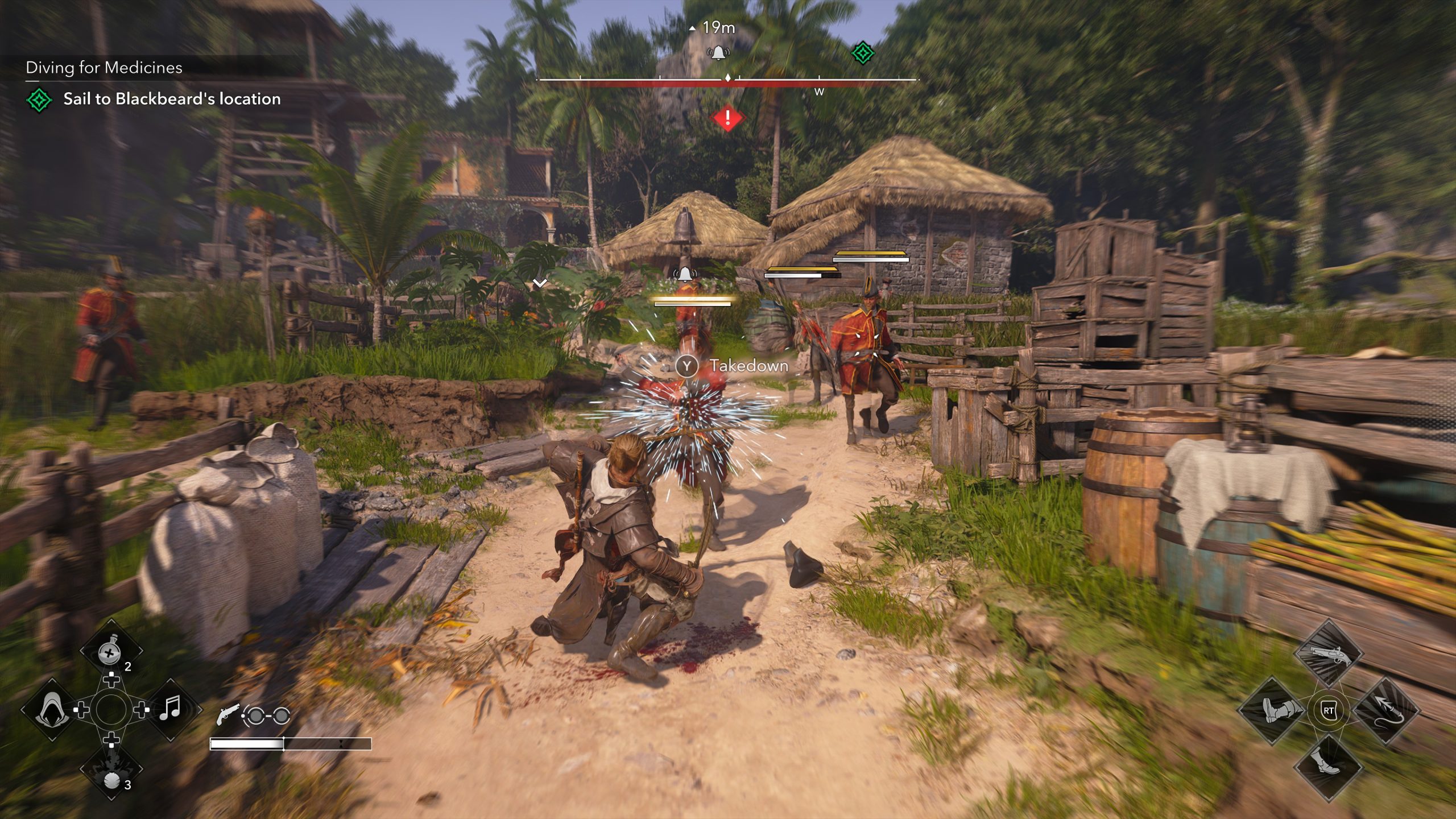 A player character in Assassin's Creed Mirage performs a 'Takedown' on an enemy in a village setting, with the objective 'Sail to Blackbeard's location' displayed.