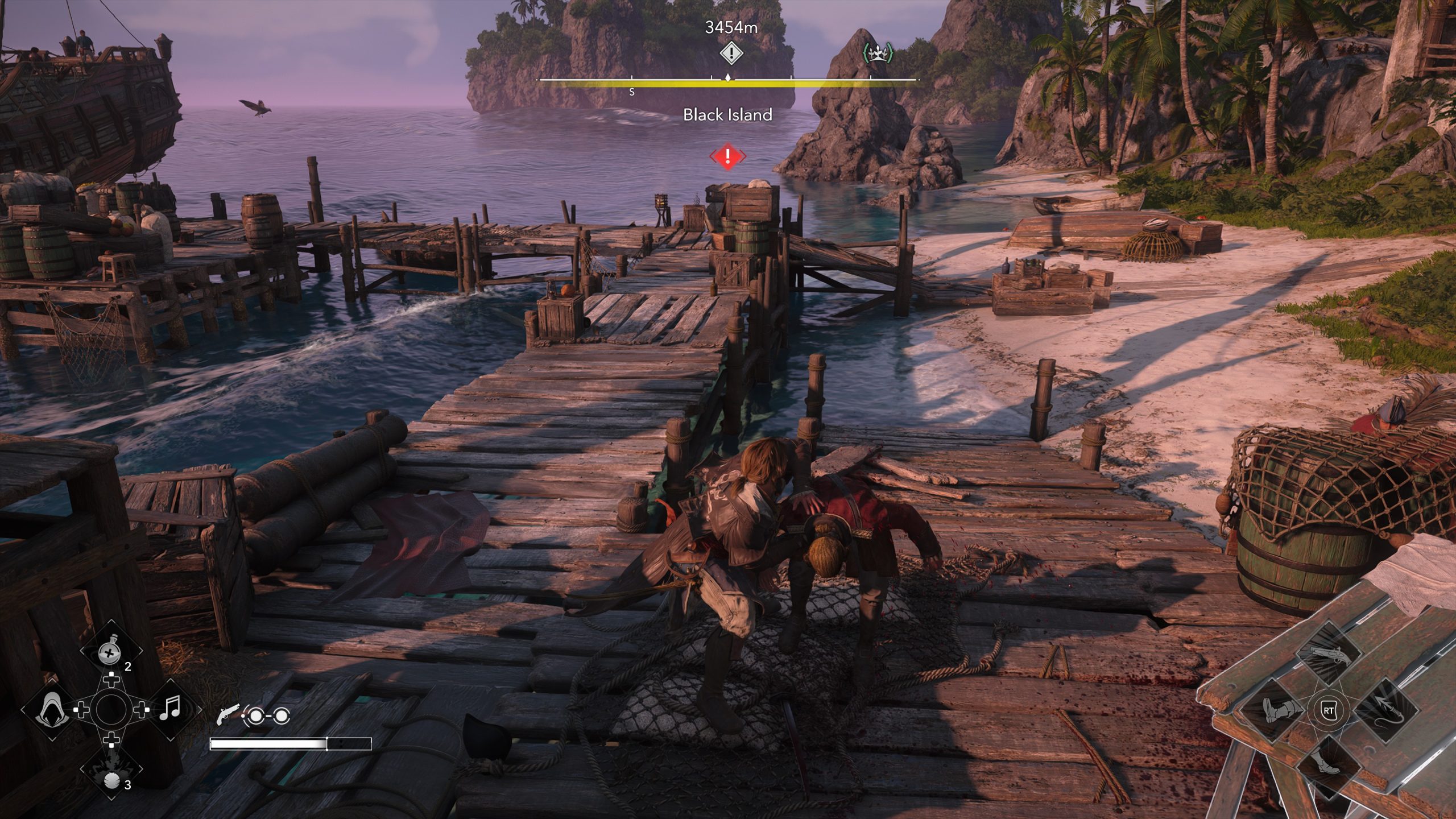 A character in the game Assassin's Creed Black Flag Resynced is fighting on a wooden dock with an expanse of ocean and an island labeled 'Black Island' in the distance.