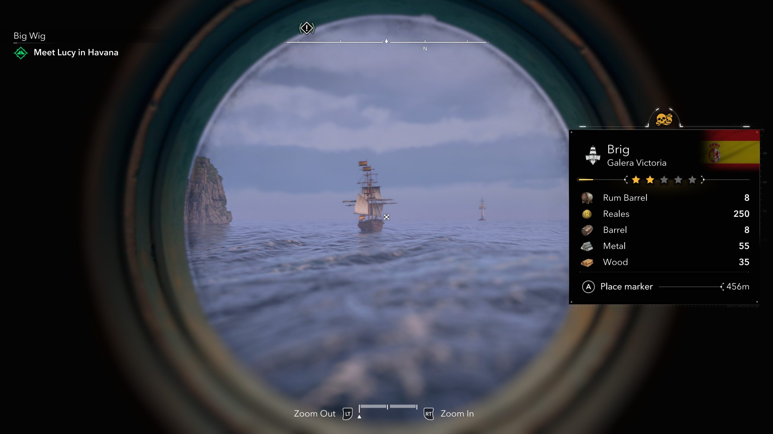 A scene from the game Assassin's Creed Black Flag Resynced showing a ship viewed through a spyglass with an info card detailing the ship Brig Galera Victoria, its star rating, and cargo details, while the objective 'Meet Lucy in Havana' is displayed.