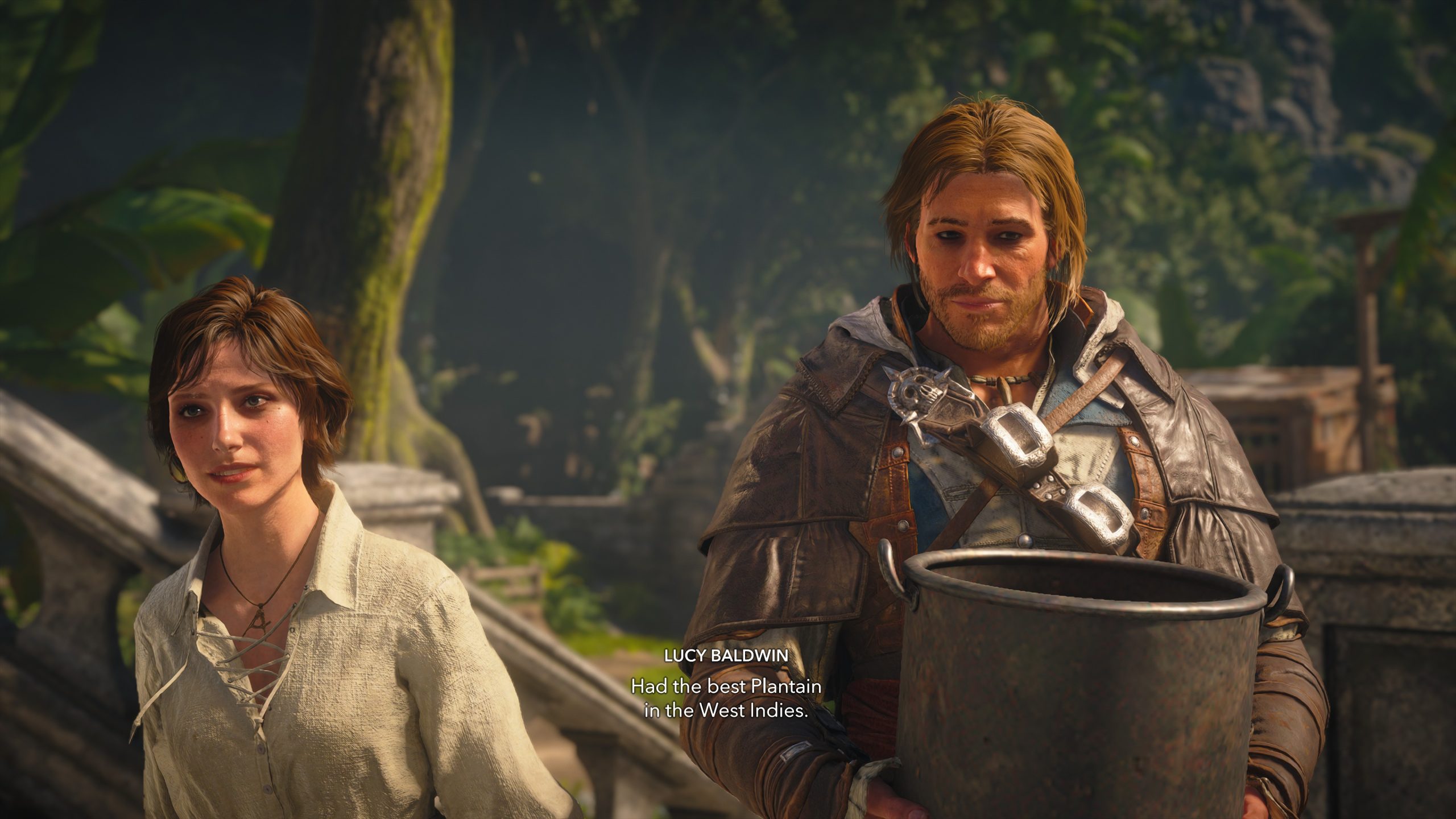 A scene from 'Assassin's Creed: Black Flag' showing two characters with on-screen text reading Lucy Baldwin, Had the best Plantain in the West Indies.