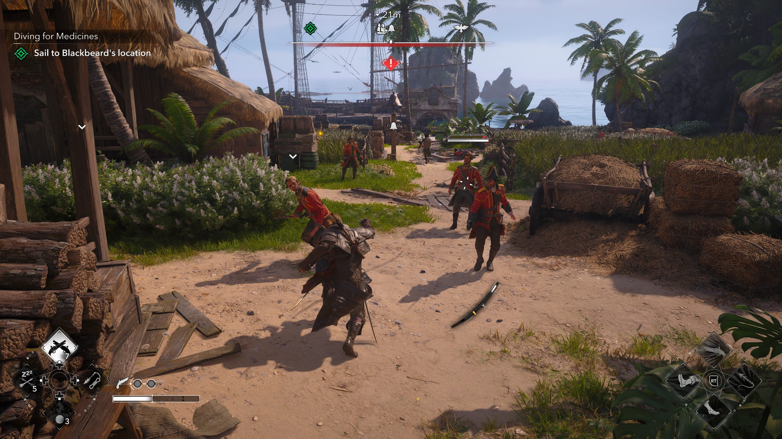 A character in the game Assassin's Creed is engaged in combat with enemies on a beach, with the objective 'Sail to Blackbeard's location' visible in the top left corner.