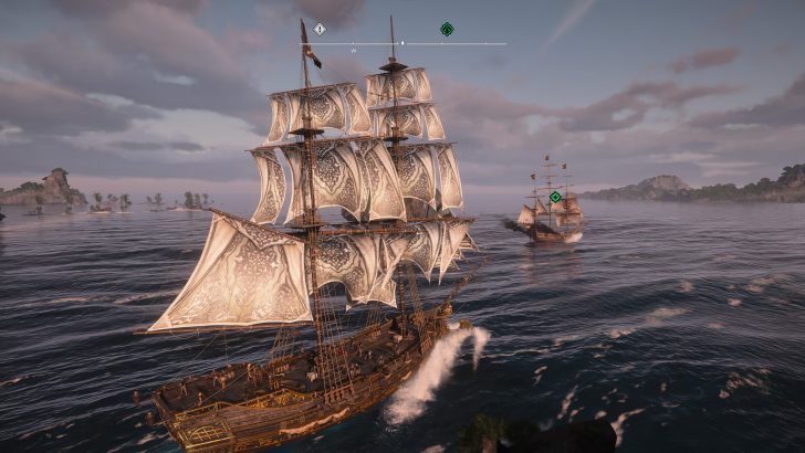 Two sailing ships navigate the ocean in the game Assassin's Creed IV: Black Flag, with an island visible in the background.