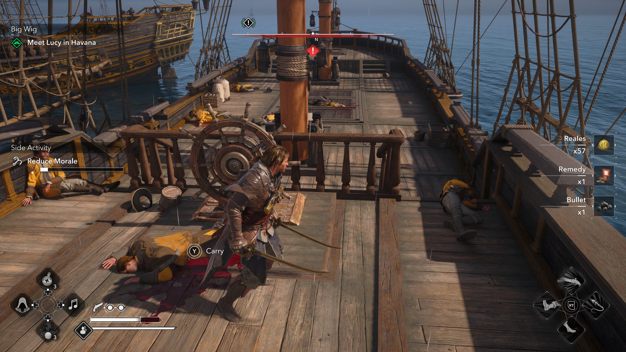 A character in Assassin's Creed stands on a ship's deck, surrounded by unconscious enemies, with the objective 'Meet Lucy in Havana' and the side activity 'Reduce Morale' displayed on-screen.