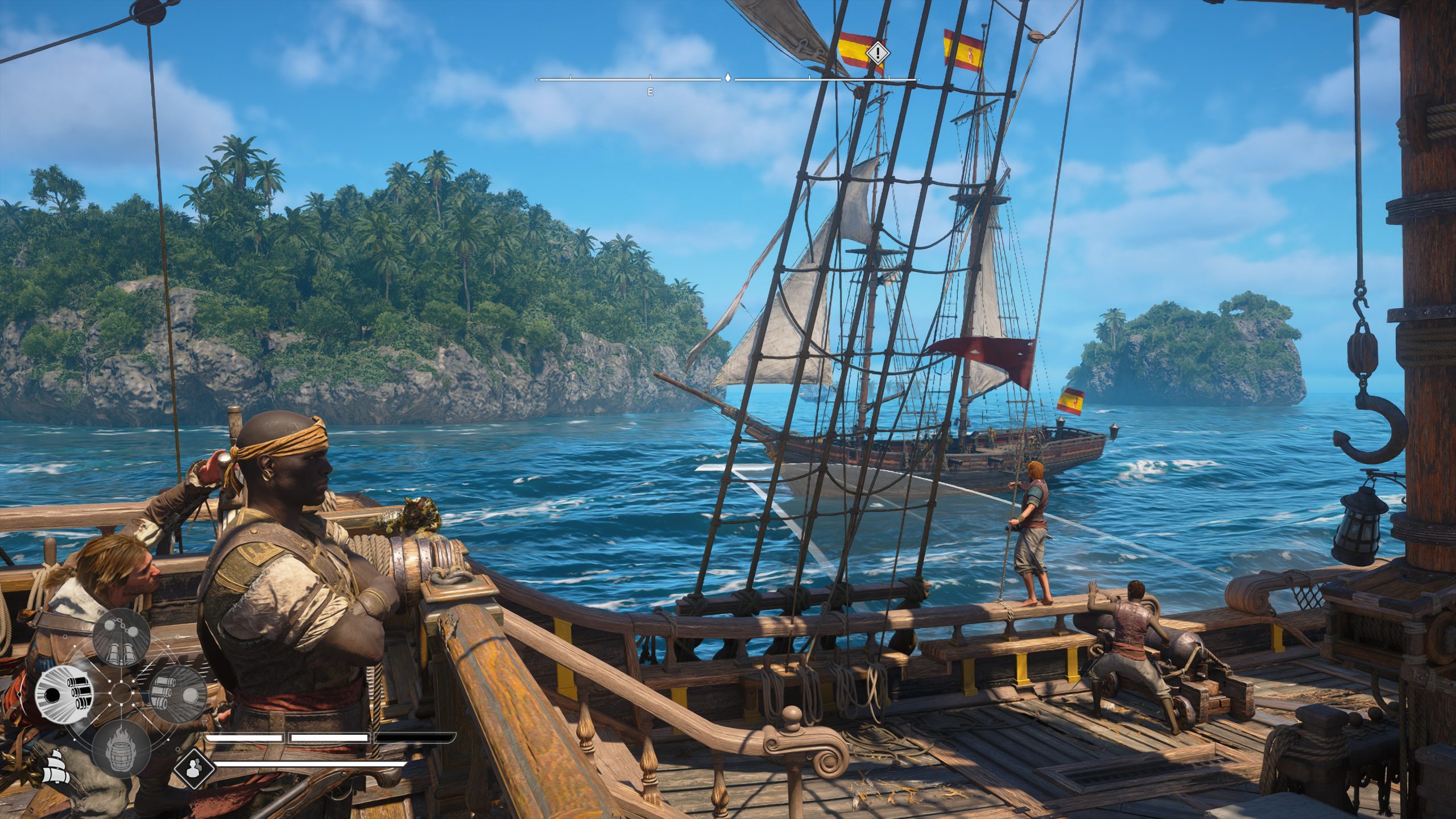 A scene from the video game Assassin's Creed IV: Black Flag depicting a group of characters on a pirate ship navigating near an island, with an enemy ship visible in the background and a game interface overlay on the screen.