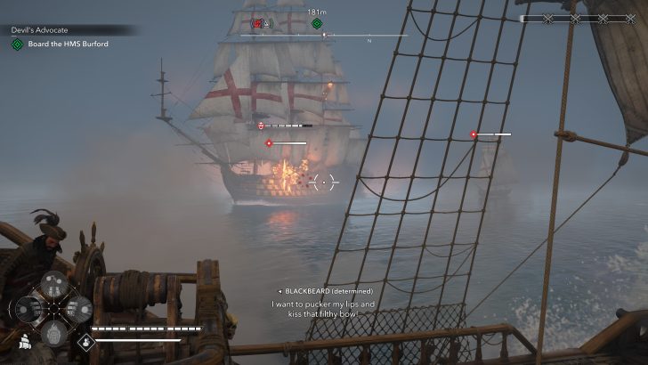 A naval battle scene from the game 'Skull and Bones,' featuring a burning ship and a character labeled Blackbeard at the helm, with the objective 'Board the HMS Burford.'