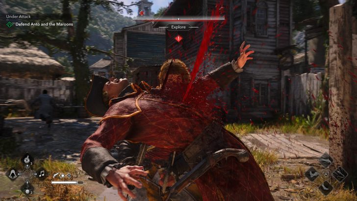 A character in Assassin's Creed performing a finishing move during a mission titled 'Defend Antó and the Maroons,' with visible user interface elements and an action icon at the bottom.