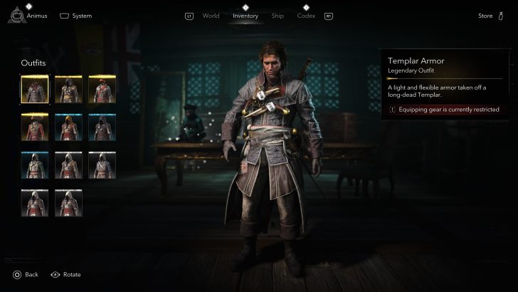 A character in Assassin's Creed Black Flag wearing 'Templar Armor' displayed in the 'Inventory' menu with the message 'Equipping gear is currently restricted.'