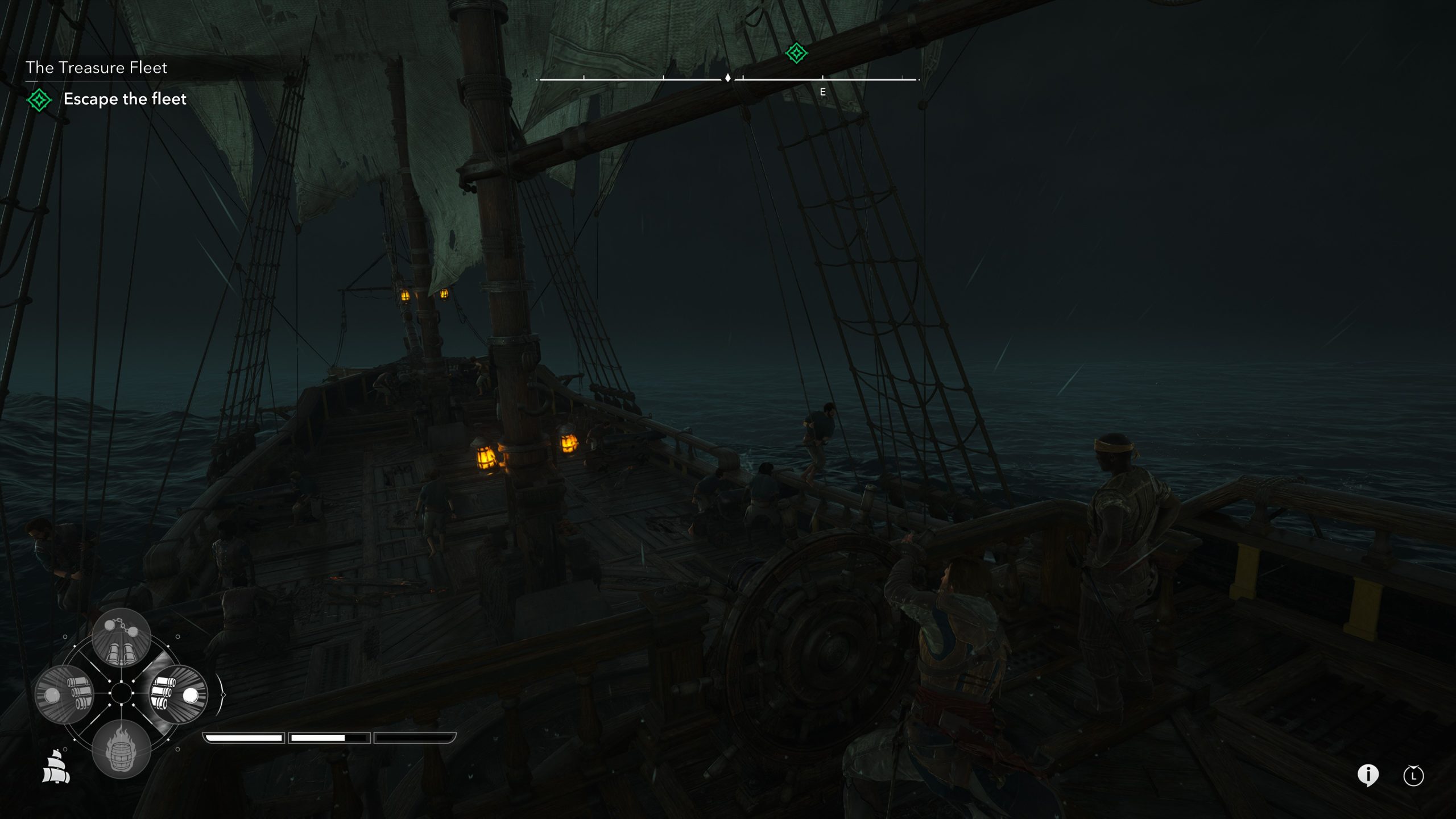 A scene from the game 'Skull and Bones' showing a pirate ship at night with the objective 'Escape the fleet' displayed on-screen.