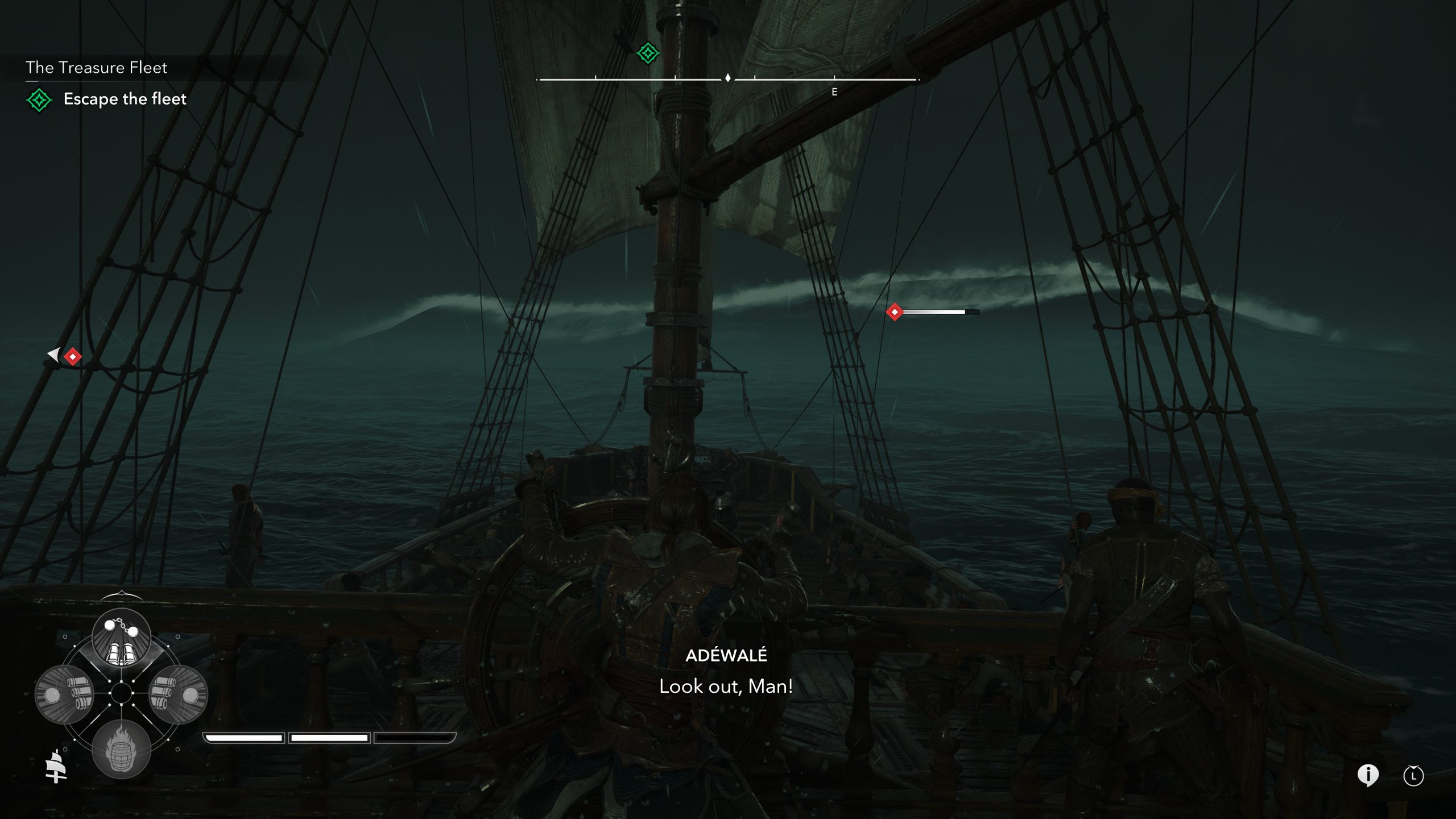 A scene from the video game with the task 'Escape the fleet' shows Adéwalé steering a ship through stormy seas, with the text 'Look out, Man!' appearing on the screen.
