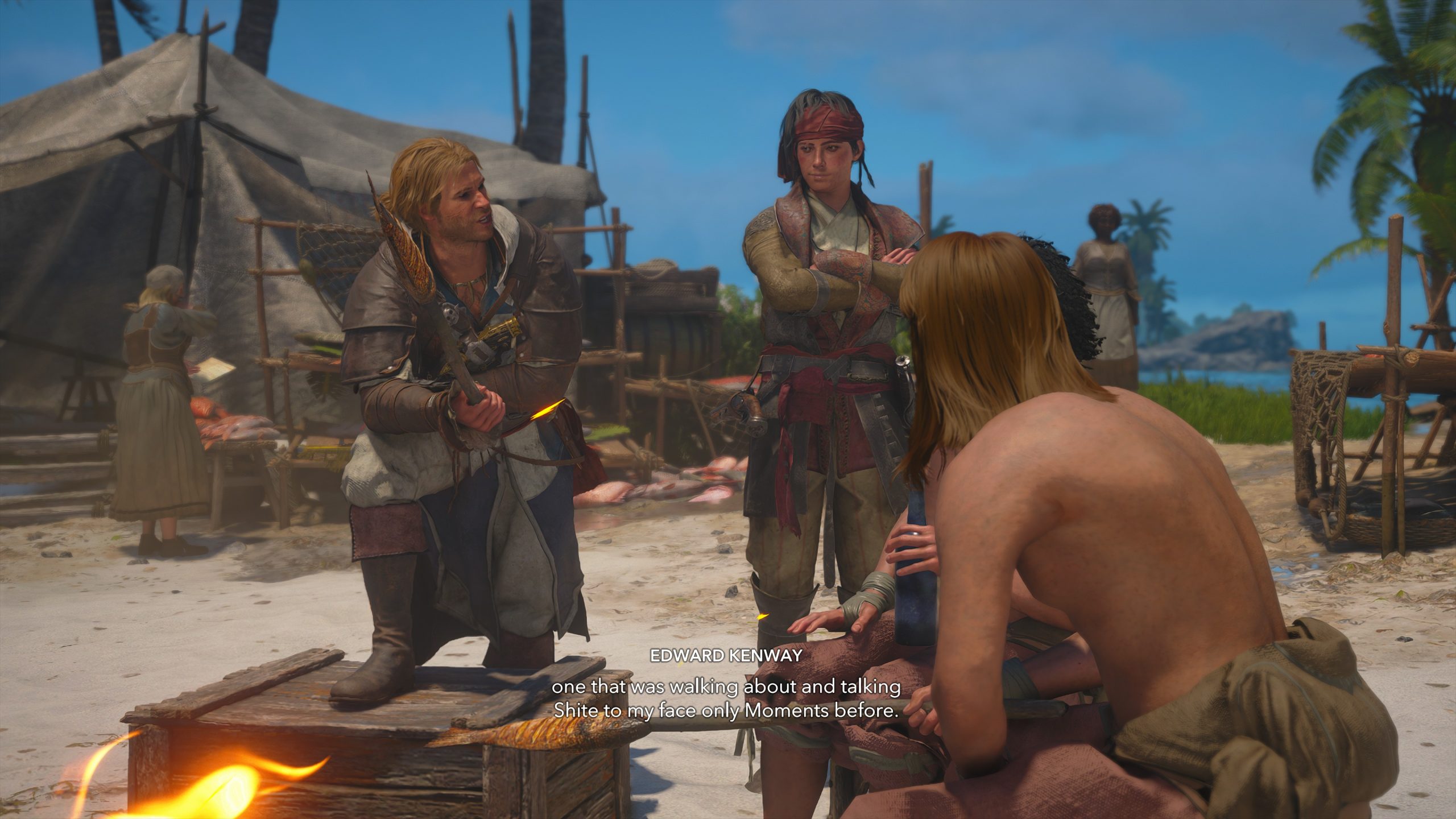 A scene from the video game Assassin's Creed IV: Black Flag featuring Edward Kenway in a conversation on a beach with on-screen text reading, EDWARD KENWAY one that was walking about and talking Shite to my face only Moments before.