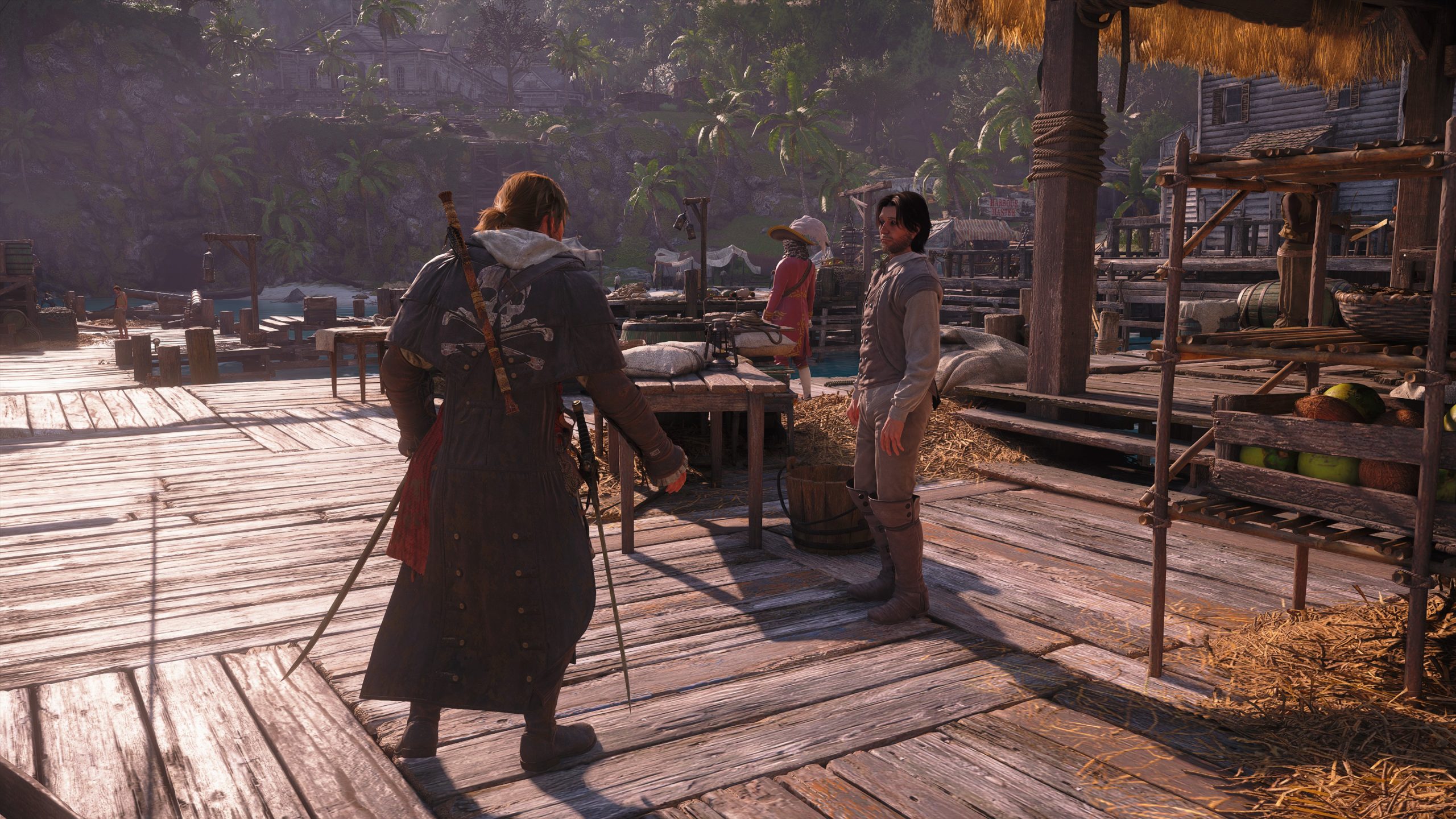 A scene from 'Assassin's Creed IV: Black Flag' shows a pirate interacting with a dock worker on a wooden pier with tropical foliage in the background.