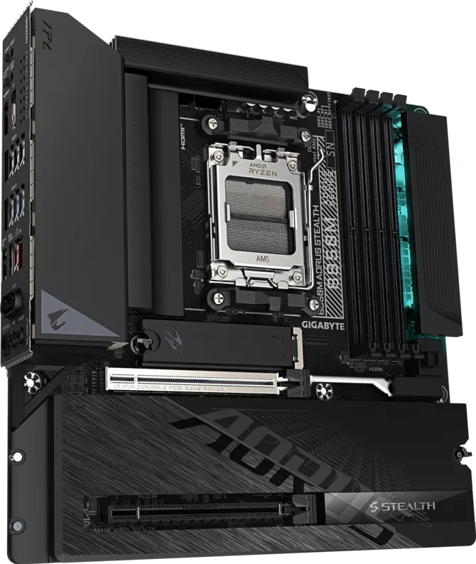 A Gigabyte Aorus Z690 motherboard with AMD Ryzen socket, featuring 'SOFTWARE CONTROLLED RGB LIGHTING' text and visible PCIe slots.