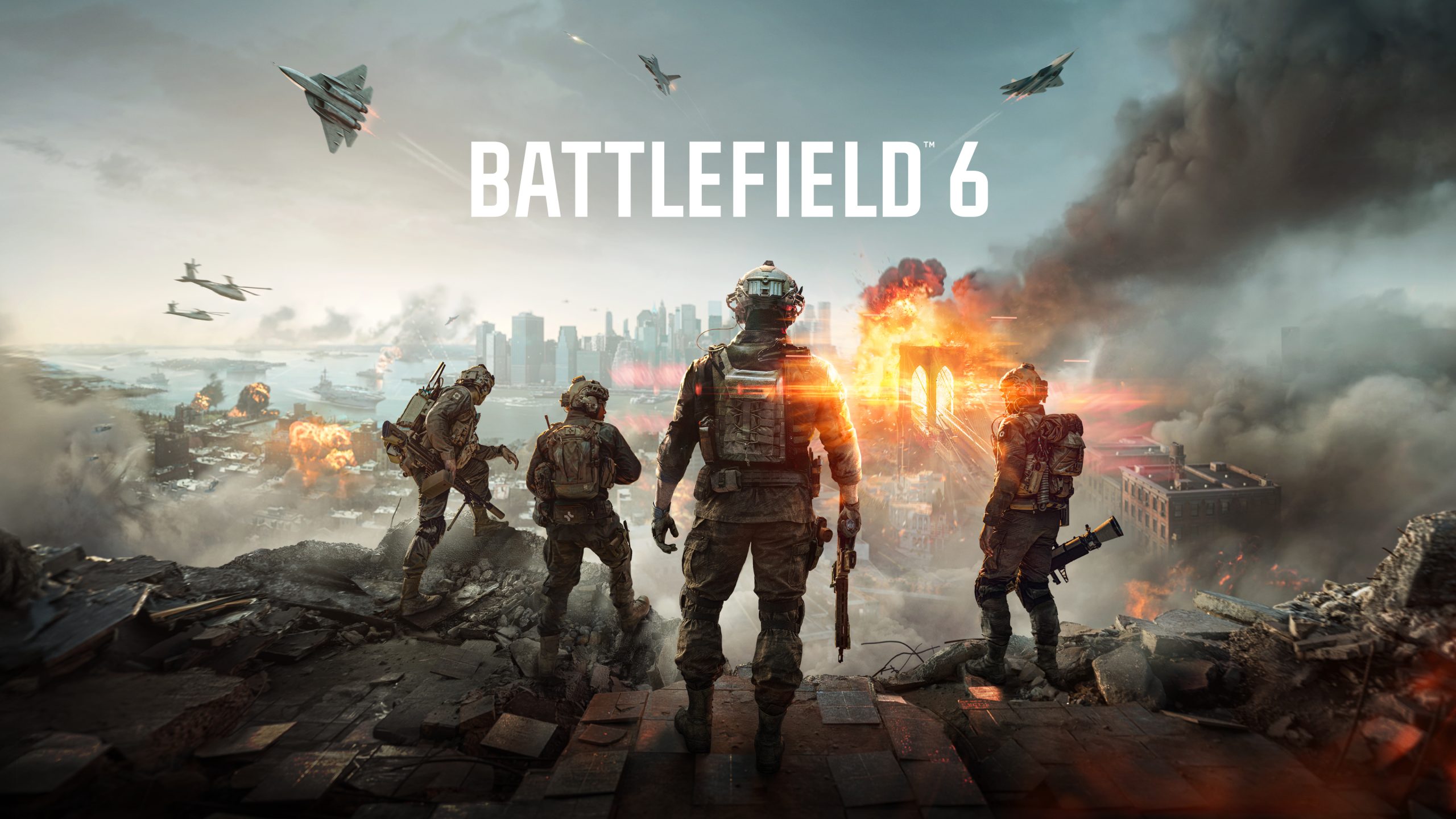 Four soldiers in tactical gear overlook a war-torn city with fires and explosions, beneath the title 'Battlefield 6.'