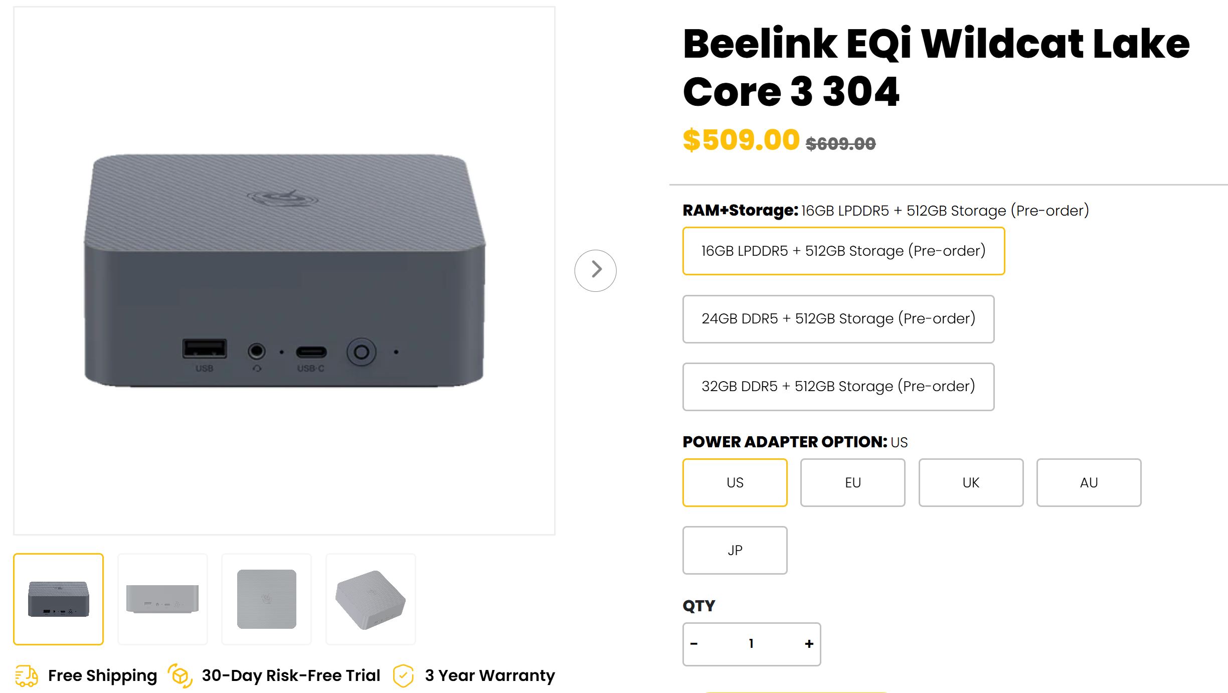 The Beelink EQi Wildcat Lake Core 3 304 is shown with pricing at $509.00 and multiple RAM and storage configuration options available for pre-order.