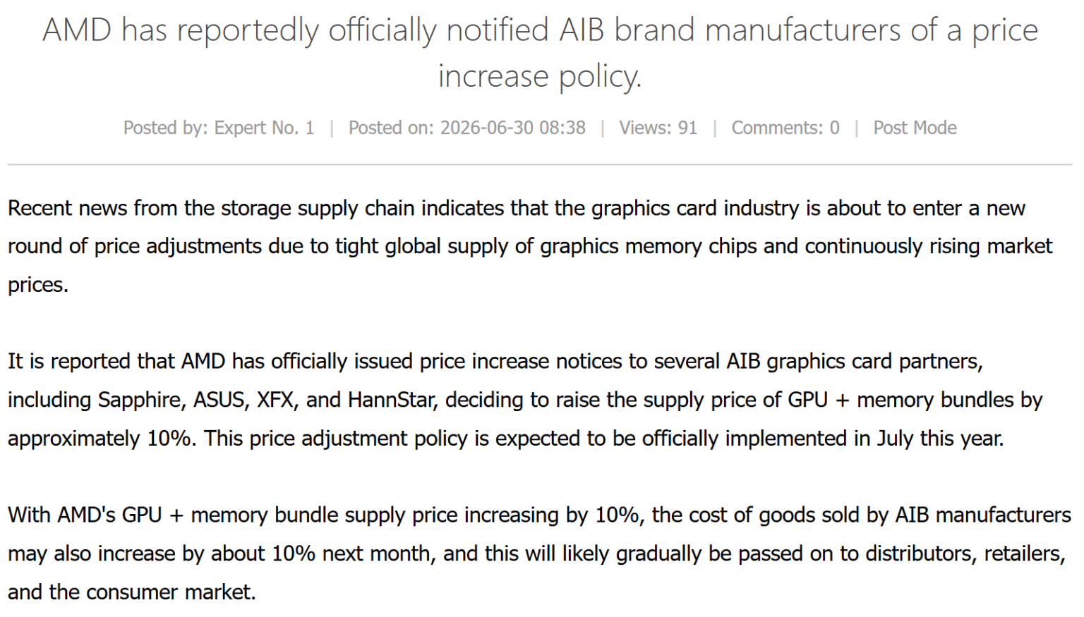 The web page details AMD's notification to AIB manufacturers about a price increase policy for GPU and memory bundles, affecting partners like Sapphire, ASUS, XFX, and HannStar.