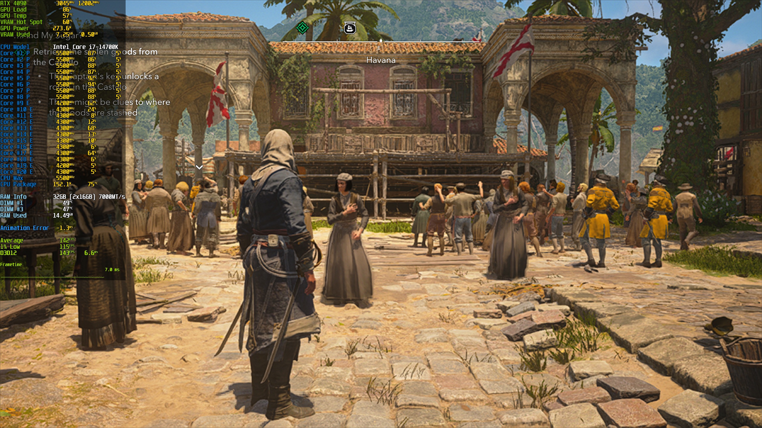 A scene from 'Assassin's Creed IV: Black Flag' showing a character in Havana with performance metrics overlay, including 'RTX 4090' and 'Intel Core i7-14700K'.