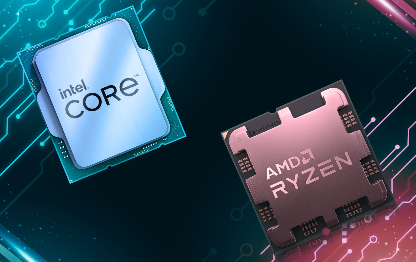 An Intel Core CPU and an AMD Ryzen CPU are depicted on a digital circuit background, highlighting a comparison theme.