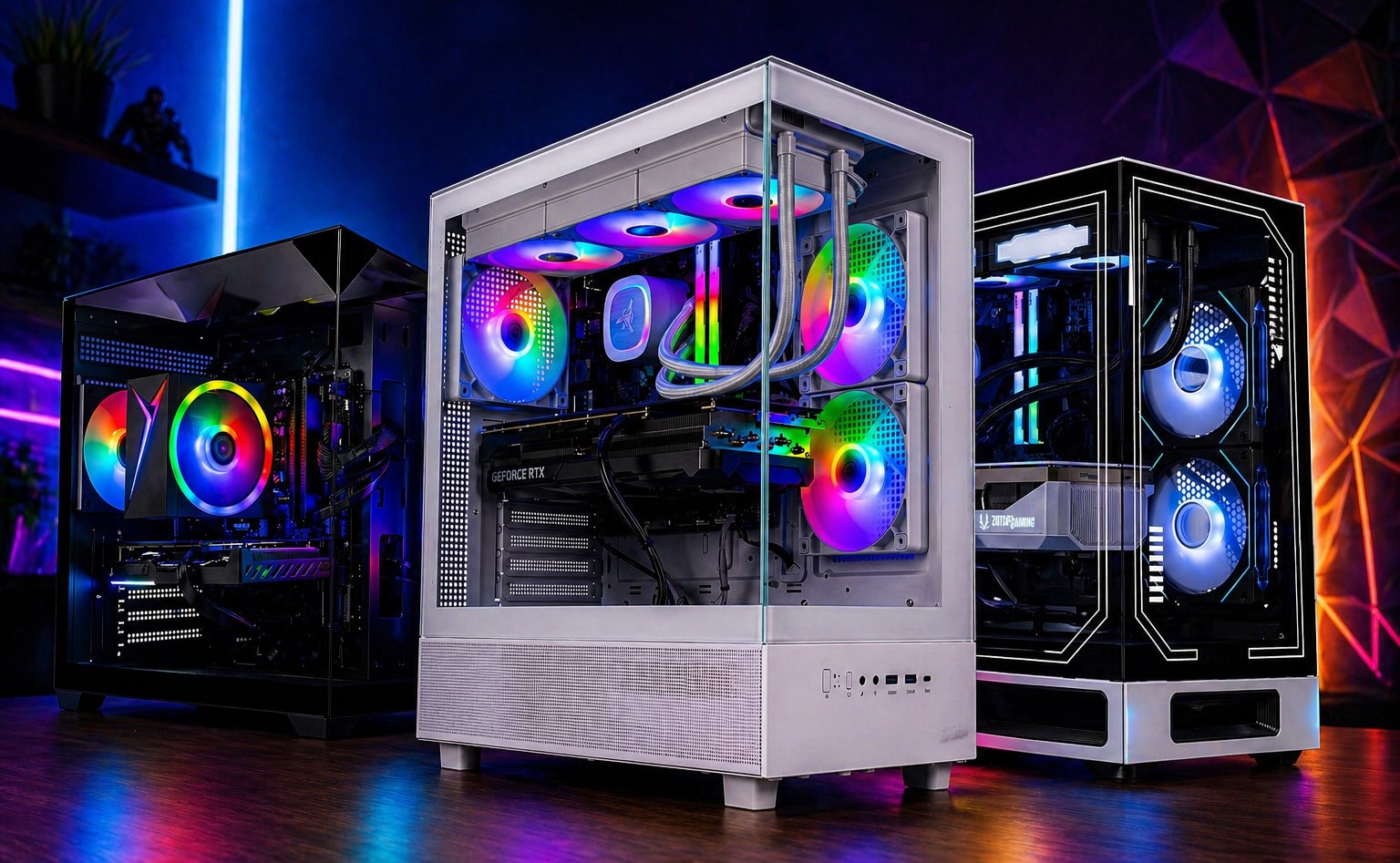 Three custom gaming PCs with RGB lighting and visible GeForce RTX and Zotac Gaming logos, displayed on a wooden floor against a colorful background.