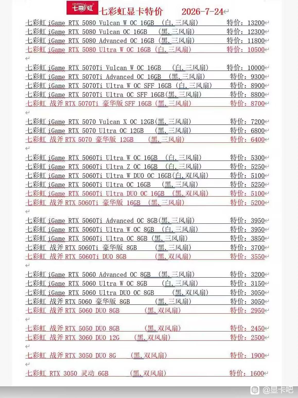 A list of Colorful iGame graphics cards with model names like RTX 5080 Vulcan W OC 16GB and corresponding prices in Chinese yuan for the date '2026-7-24'.